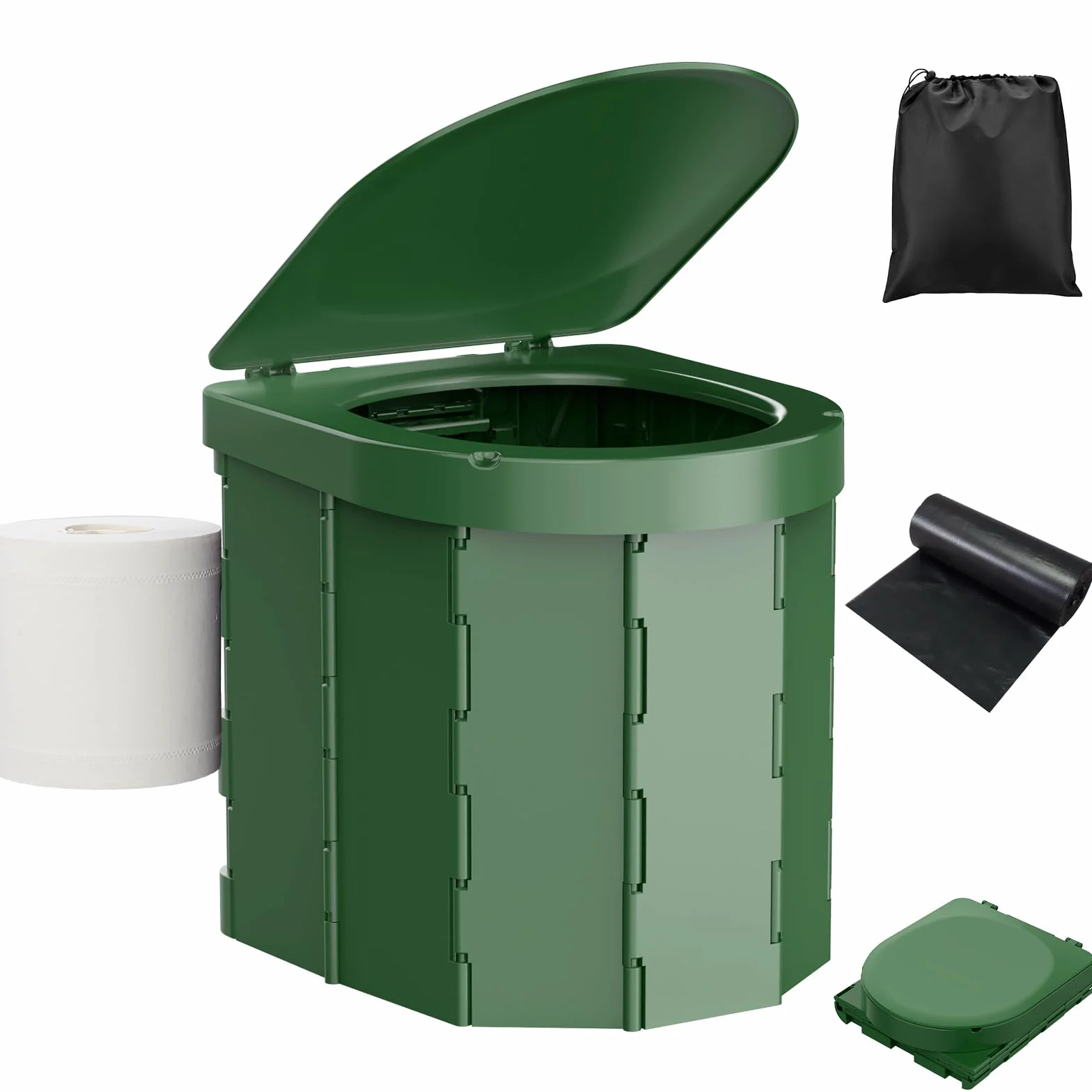 WADEO Toilettes de Camping Portables, Toilettes Pliantes pour Adultes, Toilettes de Camping Mobile avec Couvercle et Porte-Papier Toilette, pour Camping, Voyages, Embouteillages (Vert Foncé)