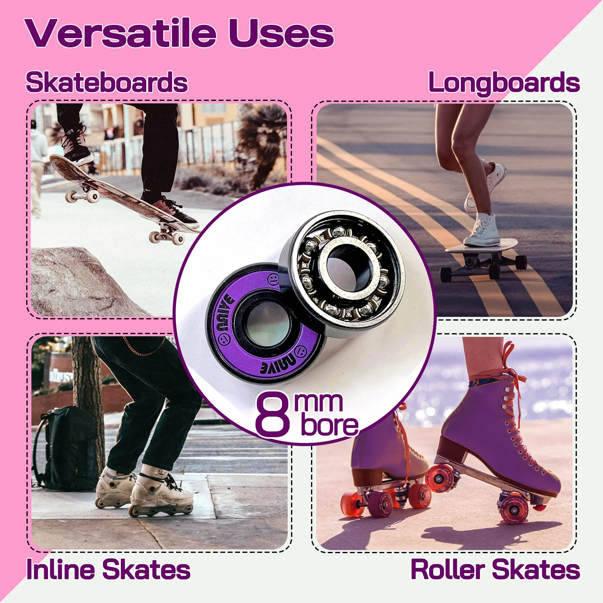 Lot de 16 roulements de 8 mm - Précision 608 - Pour quad en ligne - Roller Derby - Longboard (violet fluo)