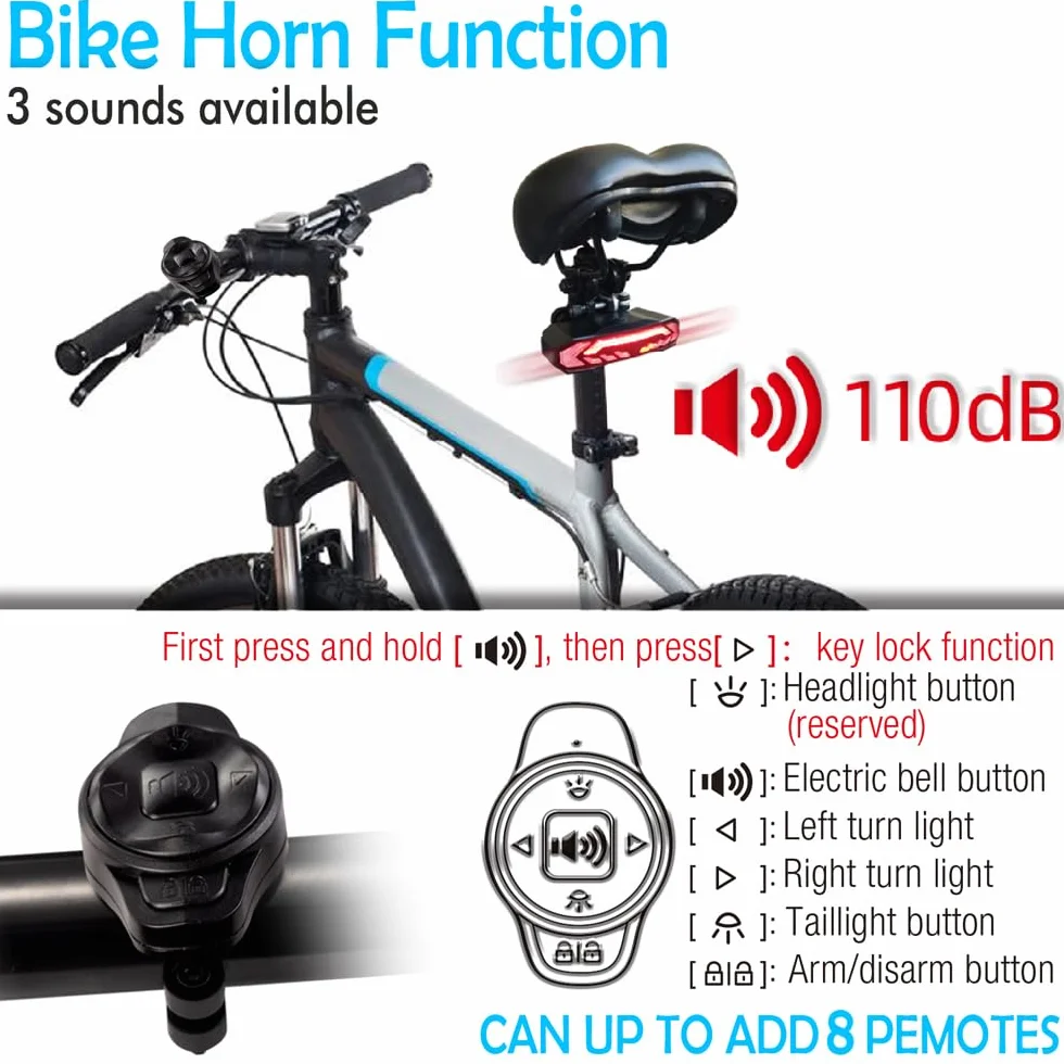 Feu arrière d'alarme de vélo sans Fil avec Signal de Virage IP65 feu arrière de Frein de vélo USB à télécommande imperméable