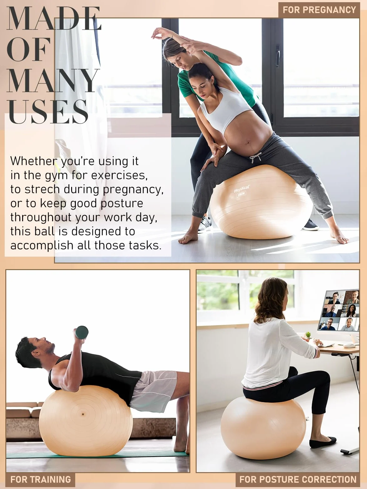 PhysKcal Ballon de Pilates 55-85cm Anti-dérapant Yoga Ball Swiss Ball avec Pompe