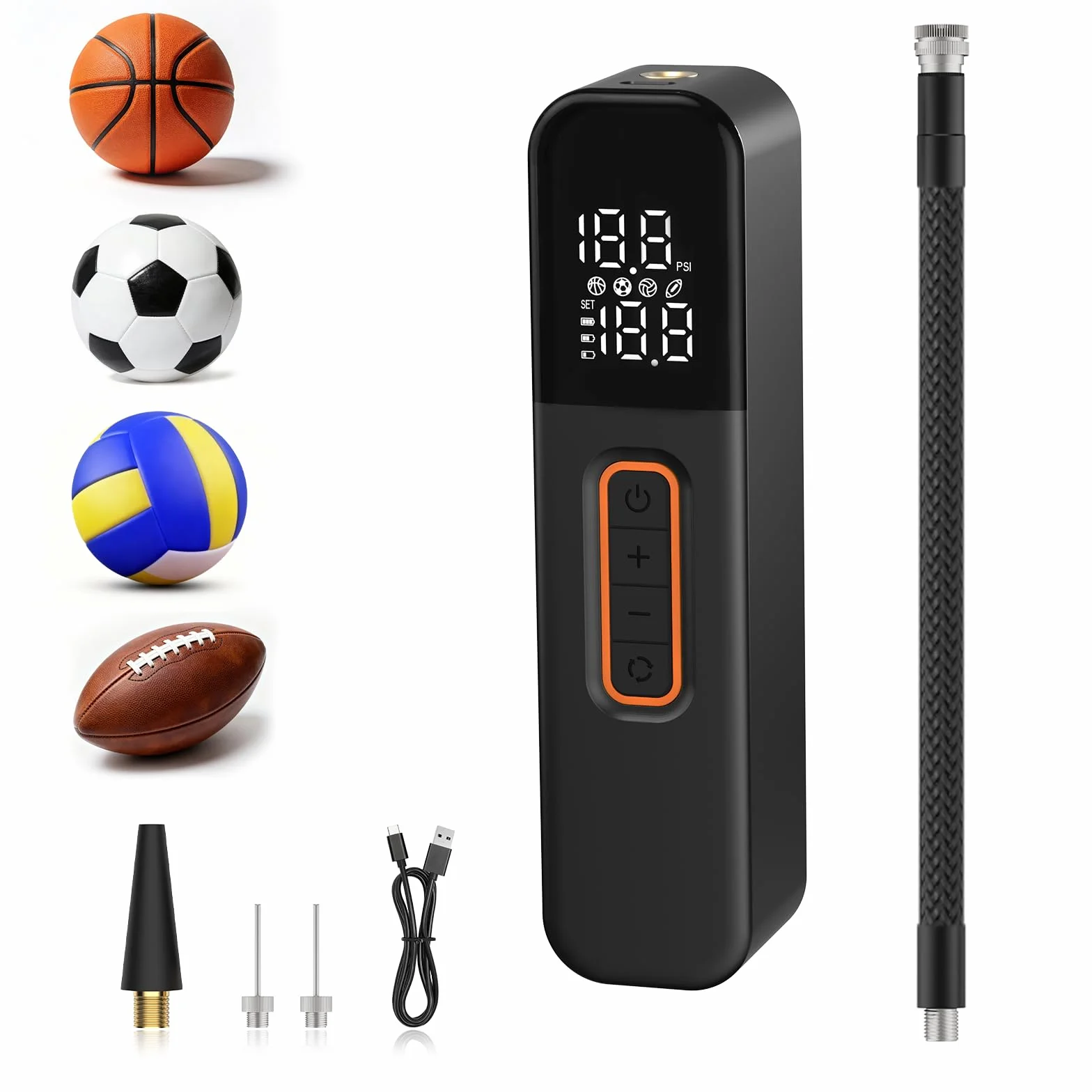kissleaf Pompe à Ballon électrique Intelligente, Portable, gonflage Rapide de la Balle avec manomètre précis et écran LCD numérique pour Football, Basketball, Volley-Ball(2 Aiguilles et 1 buse)
