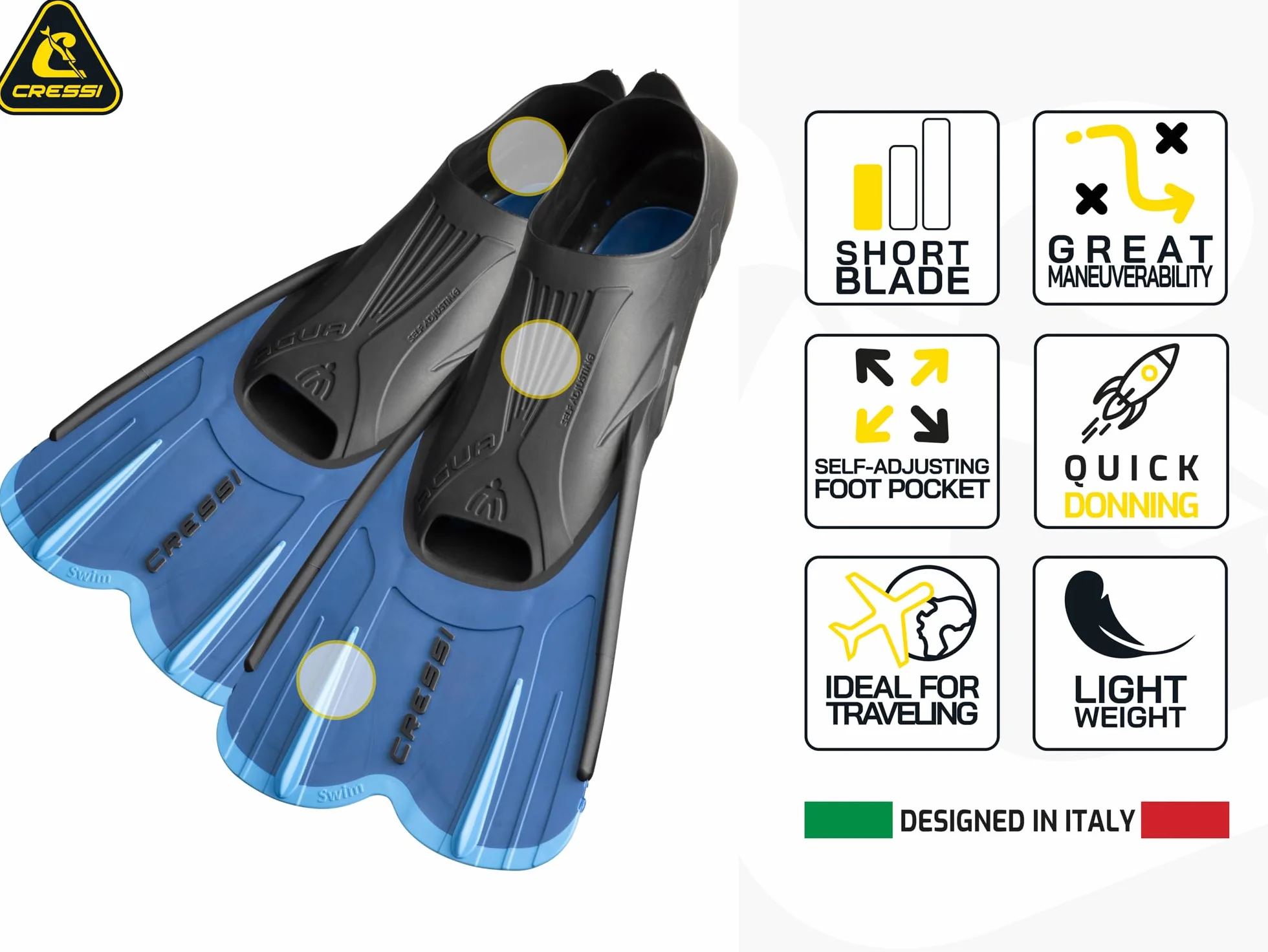 Cressi Agua Short Fins - Palmes Courtes Légères et Réactives pour la Natation et Snorkeling, Unisexe Adultes et Enfants