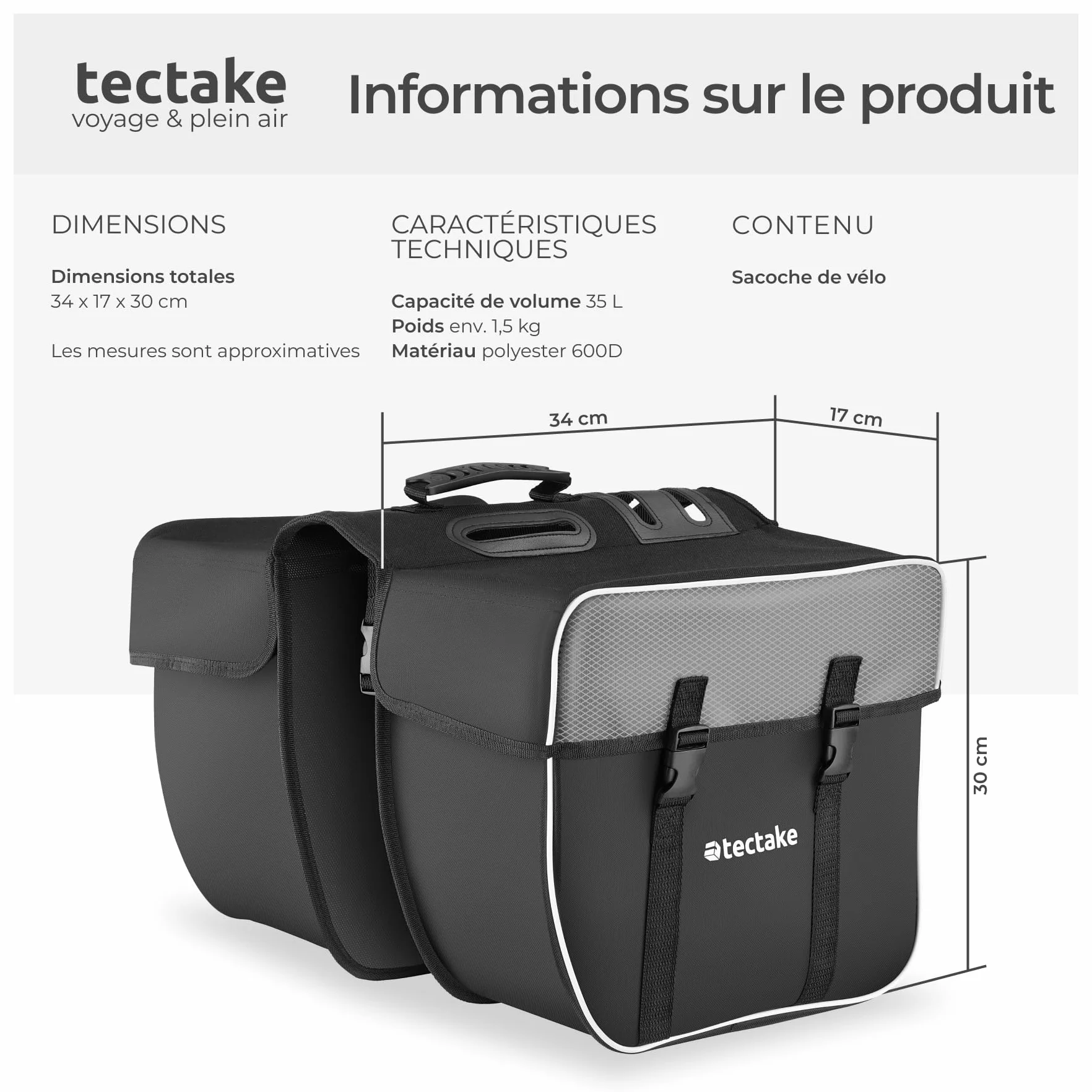 tectake® Double Sacoche de vélo Porte-Bagage 35L Imperméable Accessoire Velo avec Bandes réfléchissantes & Poches Filets pour Bicyclette Cyclisme Panier Sac de Courses