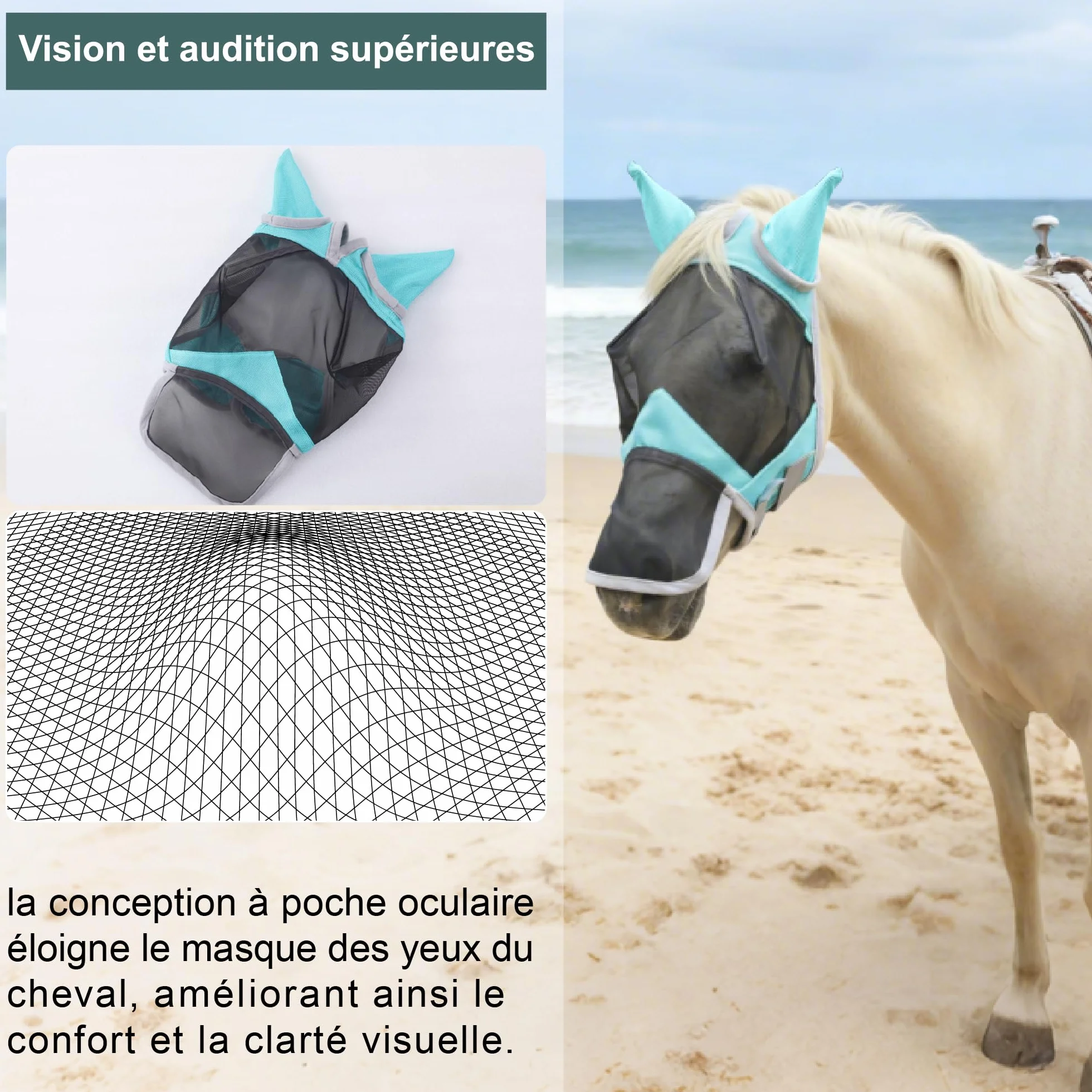 Masque Anti-Mouches pour Chevaux Protection Anti-UV Maille Respirante Turquoise Medium