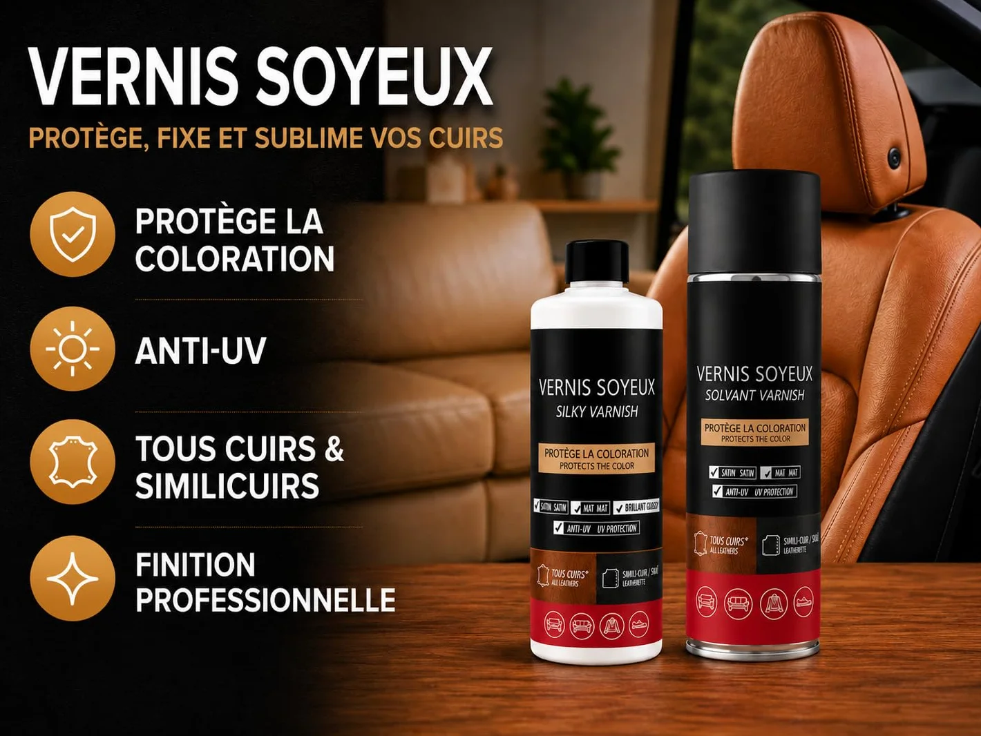 Vernis Soyeux pour Cuir Protecteur Incolore Satin Aérosol 400ml