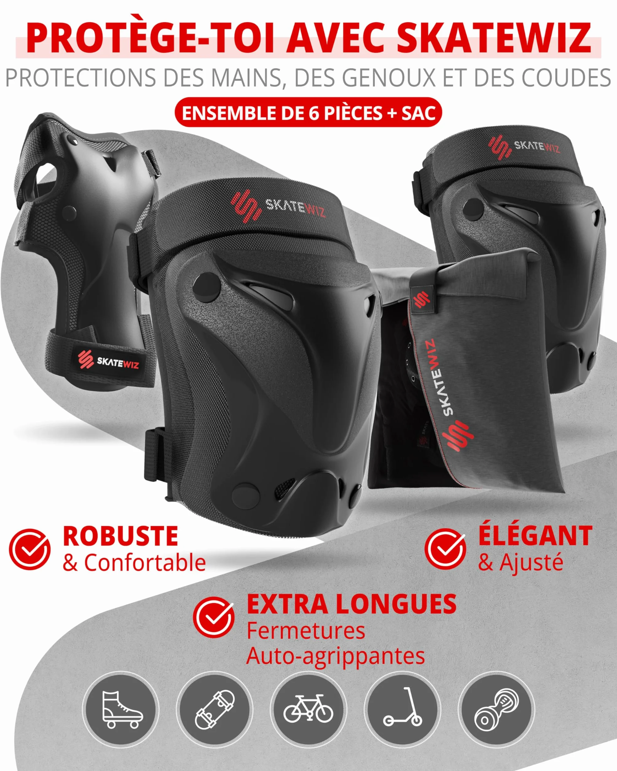 SKATEWIZ Sets de Protection Roller Enfant & Adulte - Protect-1 Protection Skateboard - Protege Genoux Skate Adulte Enfants et Adultes - Overboard, BMX