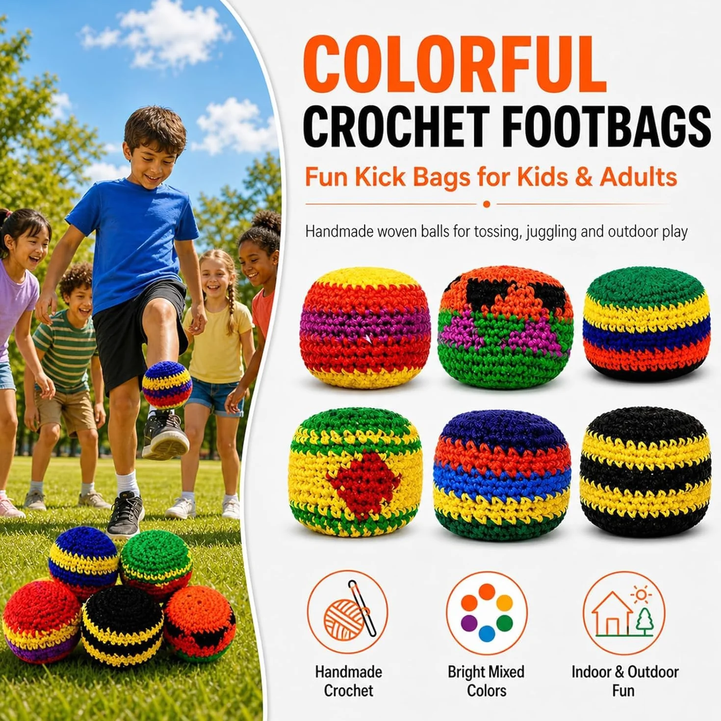 Balles de Frappe Tricotées Ensemble 6/12/18 Sacs de Pieds au Crochet pour Enfants Adultes Jeux Plein Air