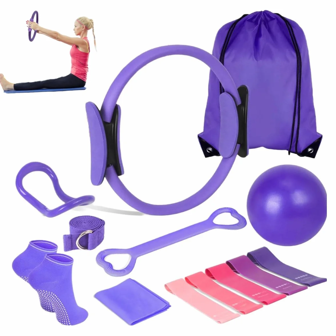 Générique Kit Pilates Maison, Better Pilates Accessoires 13 pcs, Anneau de Yoga 30 cm, Ballon 25 cm, Bandes de Résistance, Accessoires d'Entraînement à Domicile