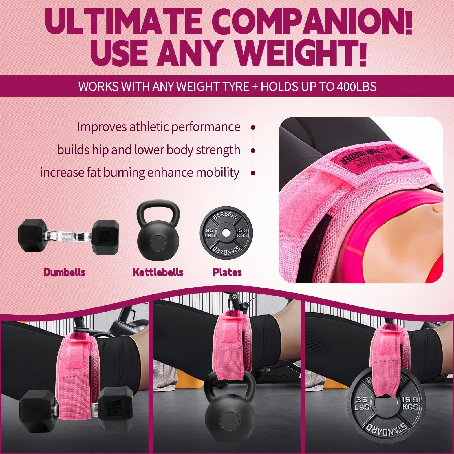 TAVIEW Ceinture de musculation en cuir rose pour gym et pilates, équipement de fitness pour entraînement des fesses avec haltères, kettlebells pour fentes, squat inversé