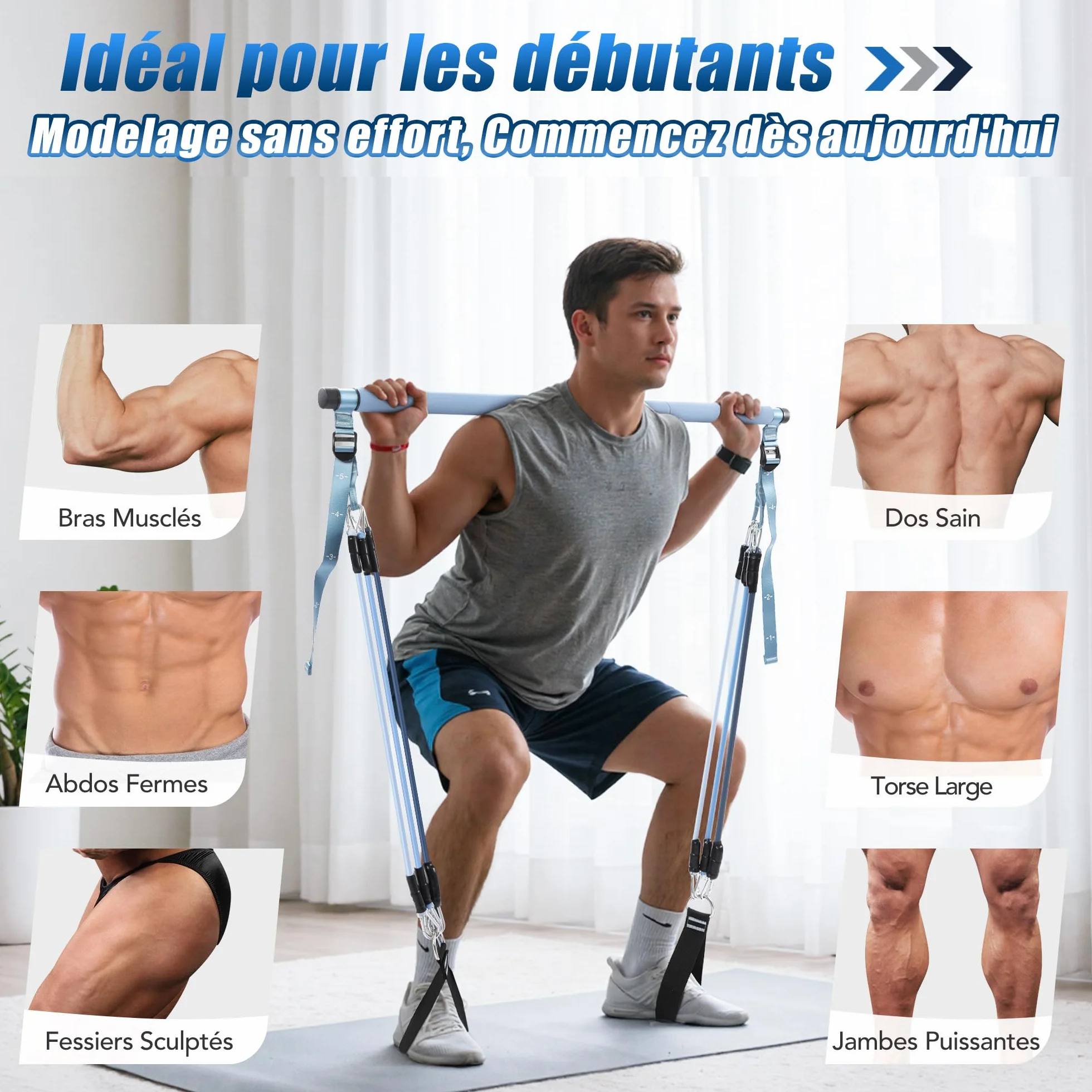 ALongSong Elastiques Musculation Sport Maison - Kit Barre de Pilates pour Homme Femme avec 6 Bandes de Résistance Élastique 20-180Lbs & Ancrage de Porte pour Complet Entraînement Yoga/Musculation