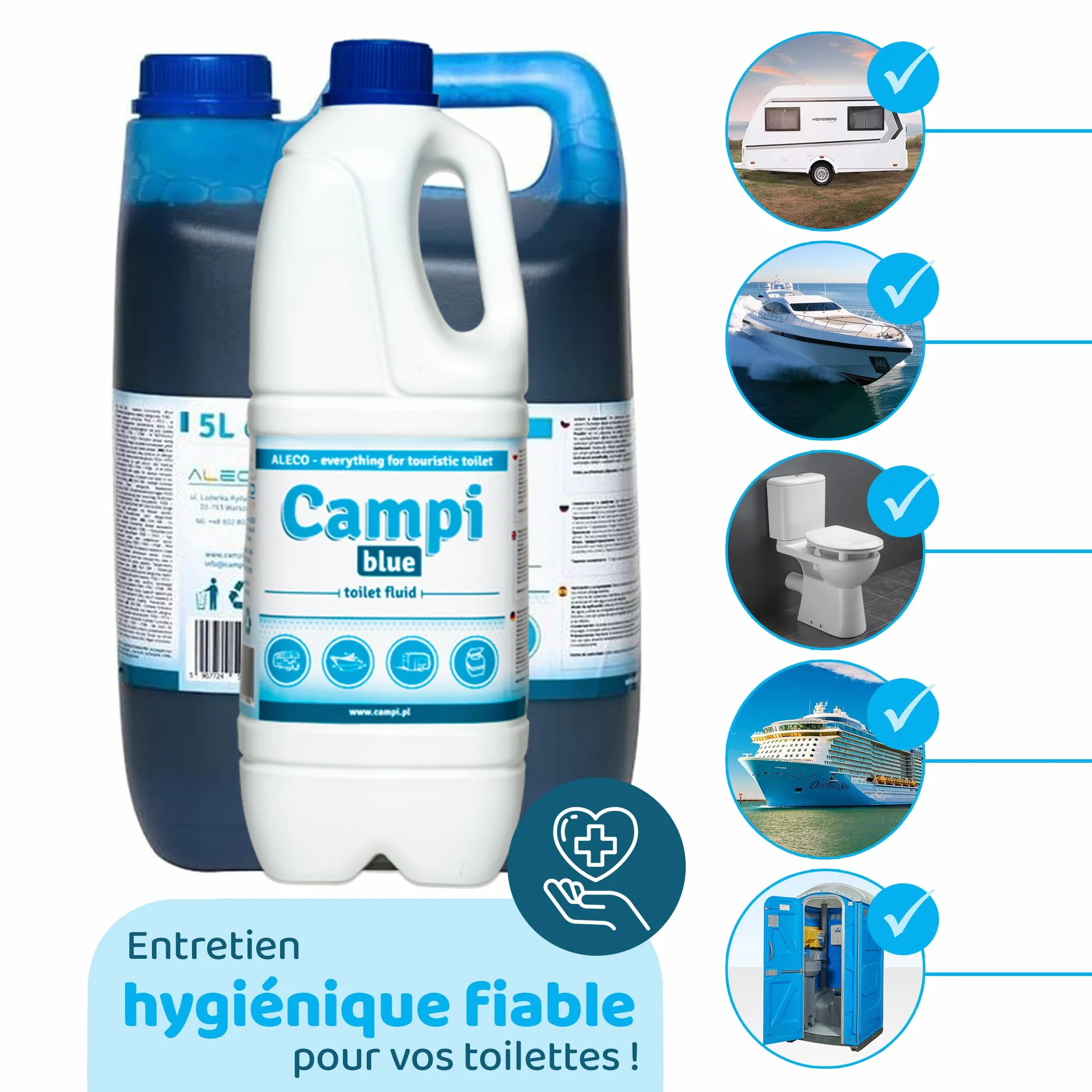 CAMPI Blue 5L – Liquide sanitaire & additif pour toilettes de camping – Produit chimique WC pour toilettes – Pour réservoir d’eaux usées de caravane et camping-car