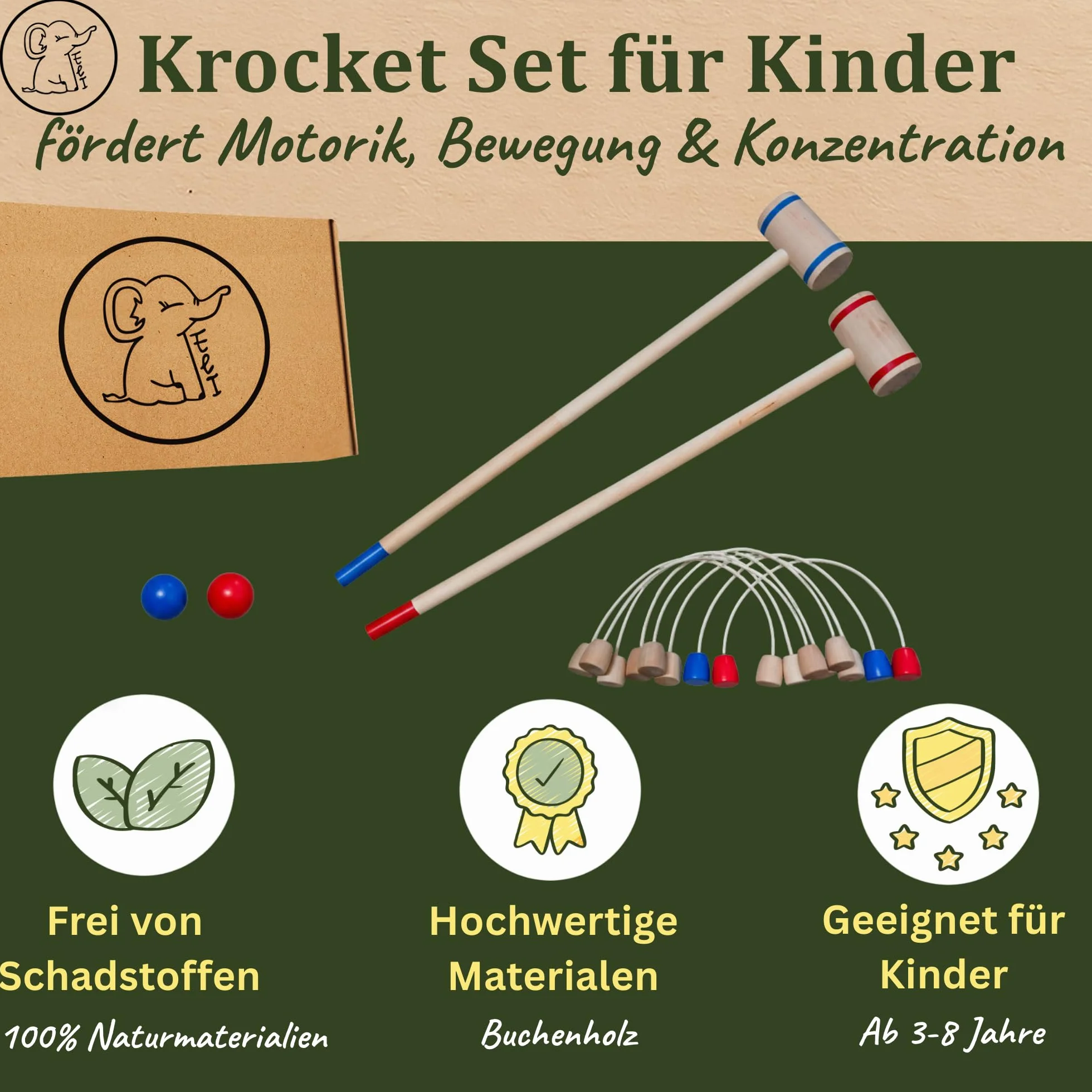 Eli® Jeu de croquet pour enfants avec raquette – Cibles et balles en bois – Kit de crocket pour l'intérieur et l'extérieur – Jouet à partir de 3 ans – Jouet en bois