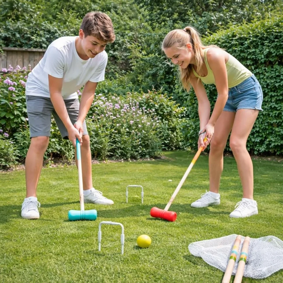 Jeu de Croquet en Bois pour 4 Joueurs, avec Maillets, Boules, Arceaux Métalliques et Filet de Rangement, Jeu de Jardin
