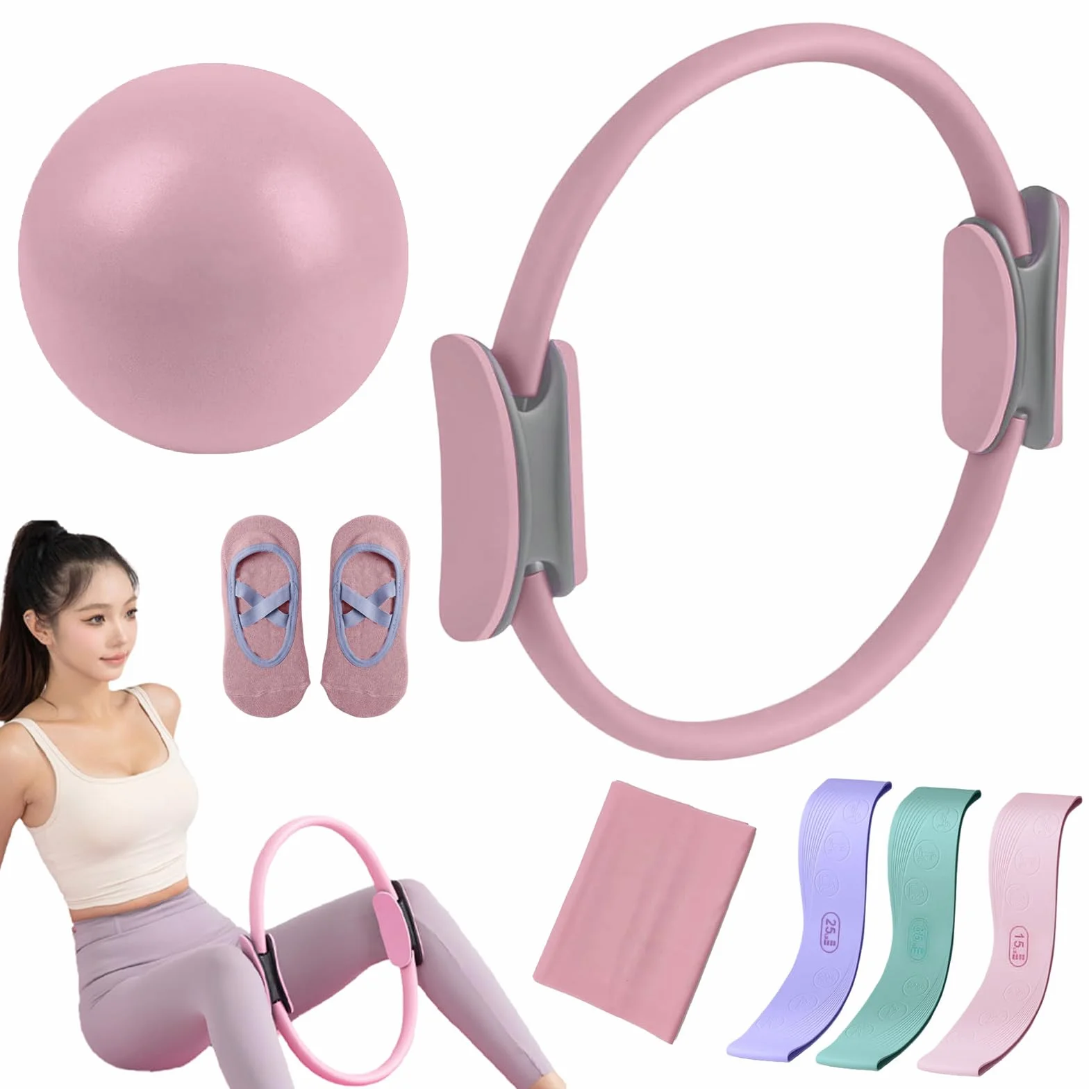 Kit de Pilates Essentiel pour Entraînement à Domicile – Équipement de Fitness Portable avec Cercle Pilates, Bandes de Résistance Longues, Balle Souple et Chaussettes Antidérapantes