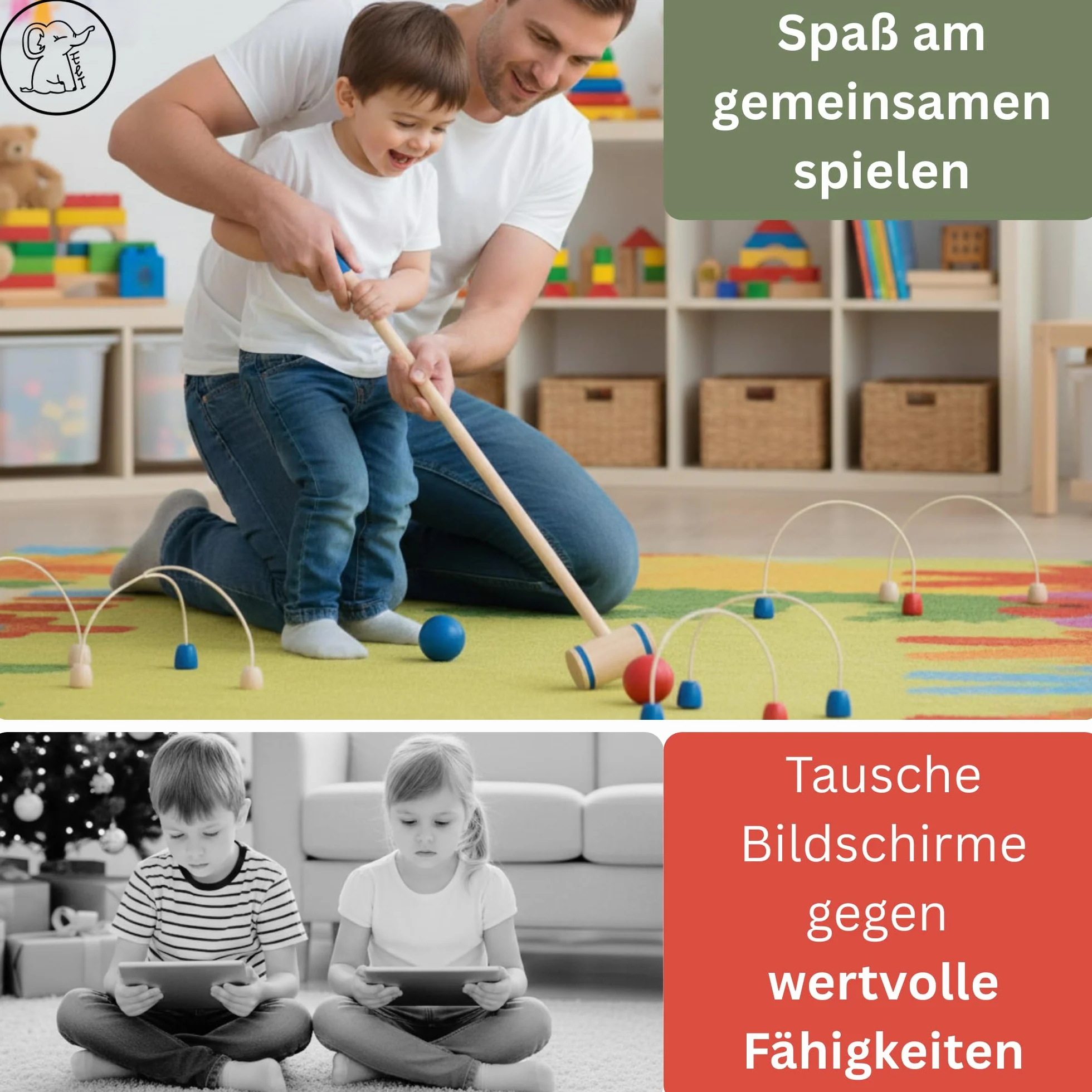 Eli® Jeu de croquet pour enfants avec raquette – Cibles et balles en bois – Kit de crocket pour l'intérieur et l'extérieur – Jouet à partir de 3 ans – Jouet en bois