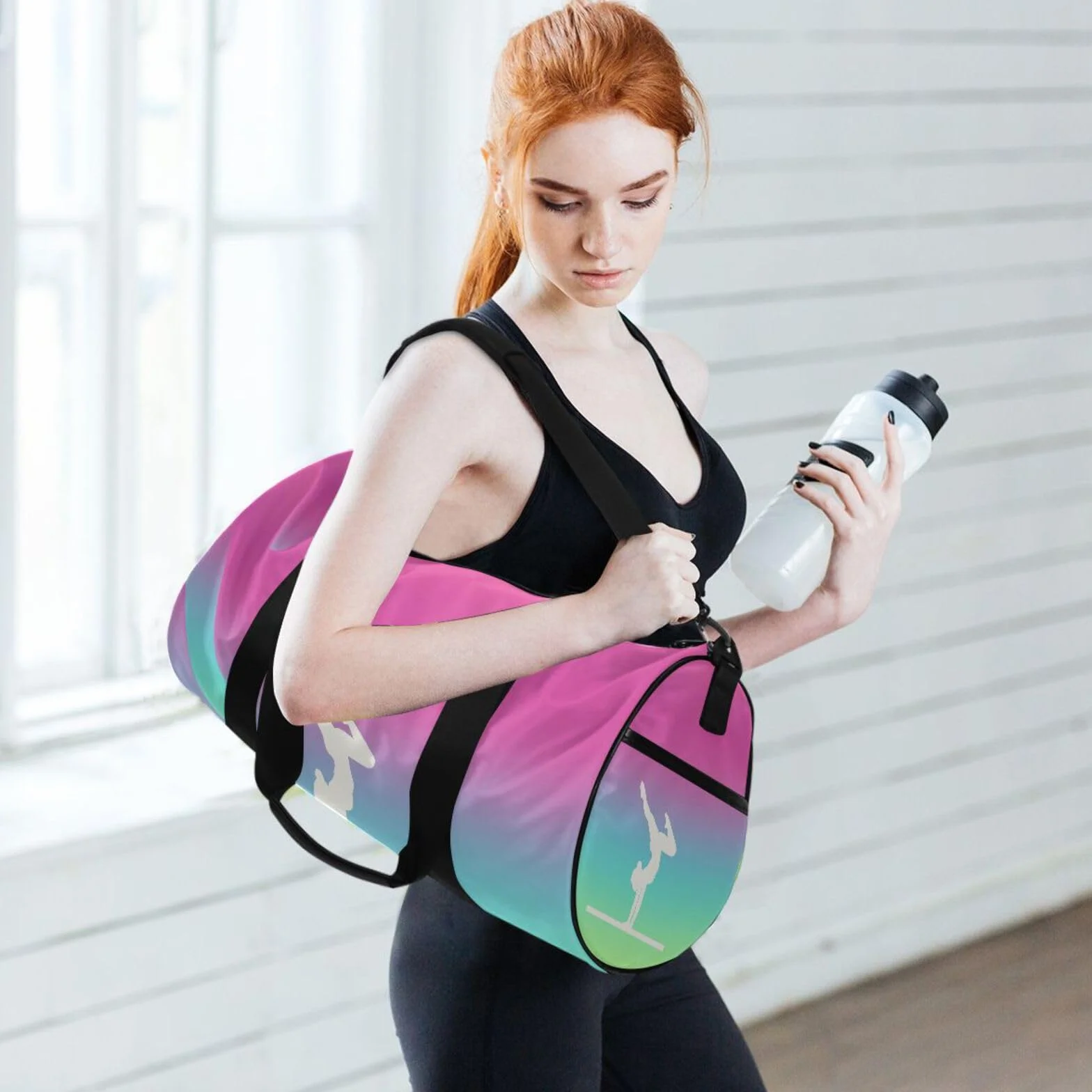 Sac de sport personnalisé pour filles avec motif dégradé corail - Nom personnalisé - Sac de gym pour enfants - Sacs de danse - Équipement de gymnastique - Rangement - Cadeaux de gymnastique pour