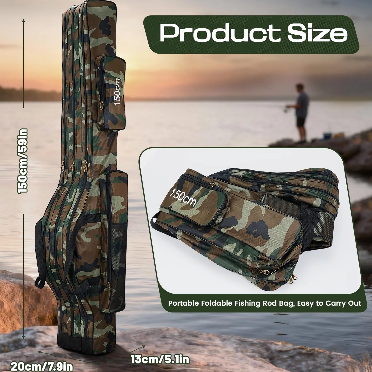 Sac de Pêche Portable avec 3 Couches, 150cm Pliable Sac de Transport Canne à Pêche Grande Capacité Étanche Fourreau Canne à Pêche Portatif Sac de Canne à Pêche avec Sangle Réglable