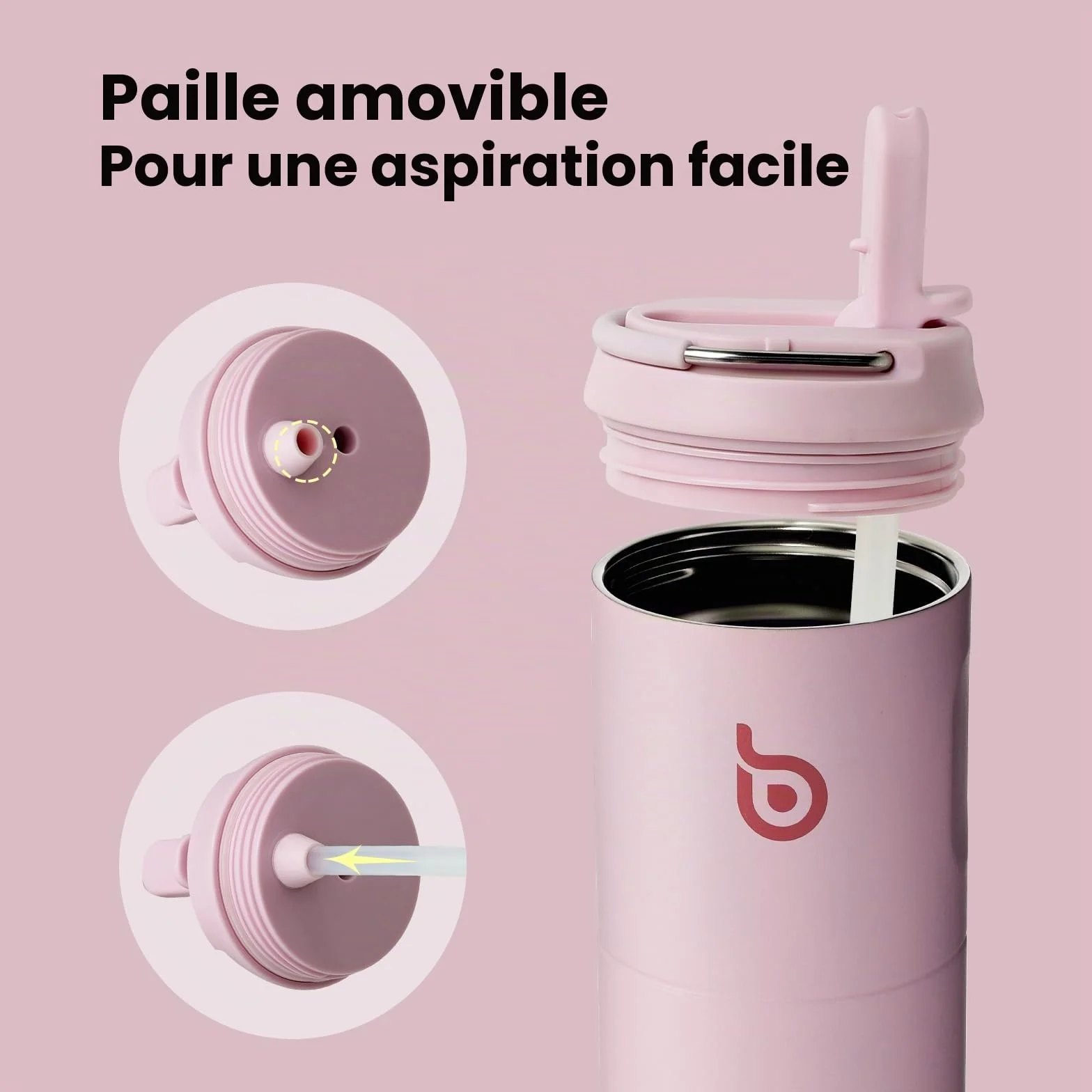 BOTTLE BOTTLE Gourde isotherme avec couvercle à paille et poignée, en acier inoxydable à double paroi sous vide, anti-fuite, sans BPA, pour sport, voyage, salle de sport - Rose clair, 710 ml