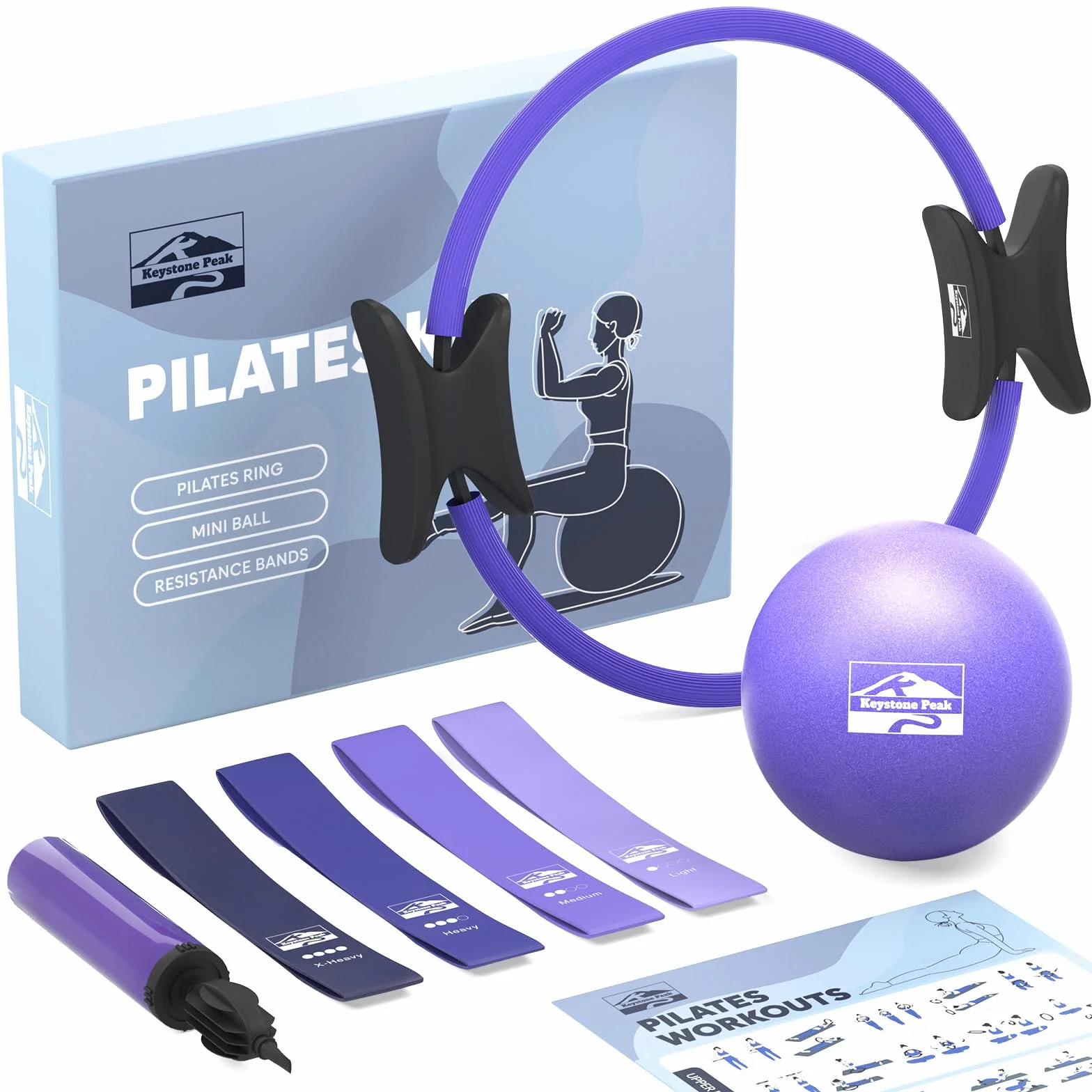 Kit Pilates Maison – Cercle Pilates Accessoires avec Mini Ballon, 4 Bandes de Résistance, Poster & Sac – Équipement pour Renforcement Musculaire, Gainage & Yoga à Domicile