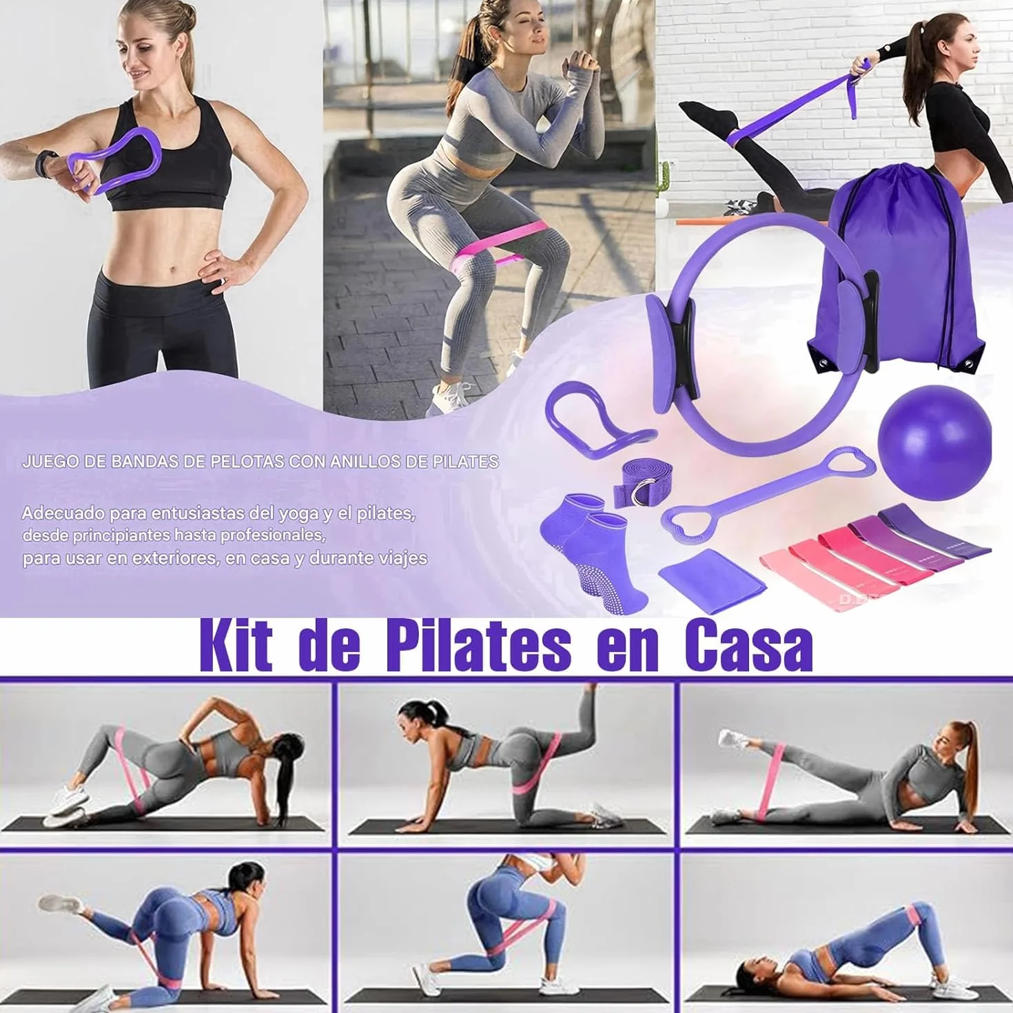 Kit de Pilates Essentiel pour Entraînement à Domicile – Équipement de Fitness Portable avec Cercle Pilates, Bandes de Résistance Longues, Balle Souple et Chaussettes Antidérapantes