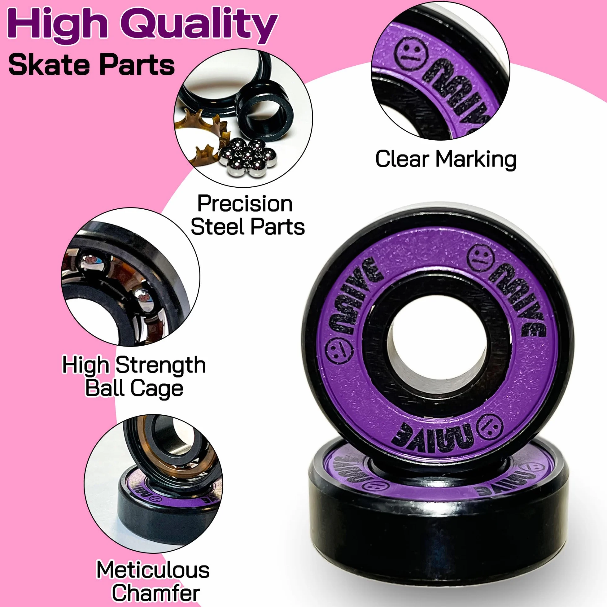 Lot de 16 roulements de 8 mm - Précision 608 - Pour quad en ligne - Roller Derby - Longboard (violet fluo)
