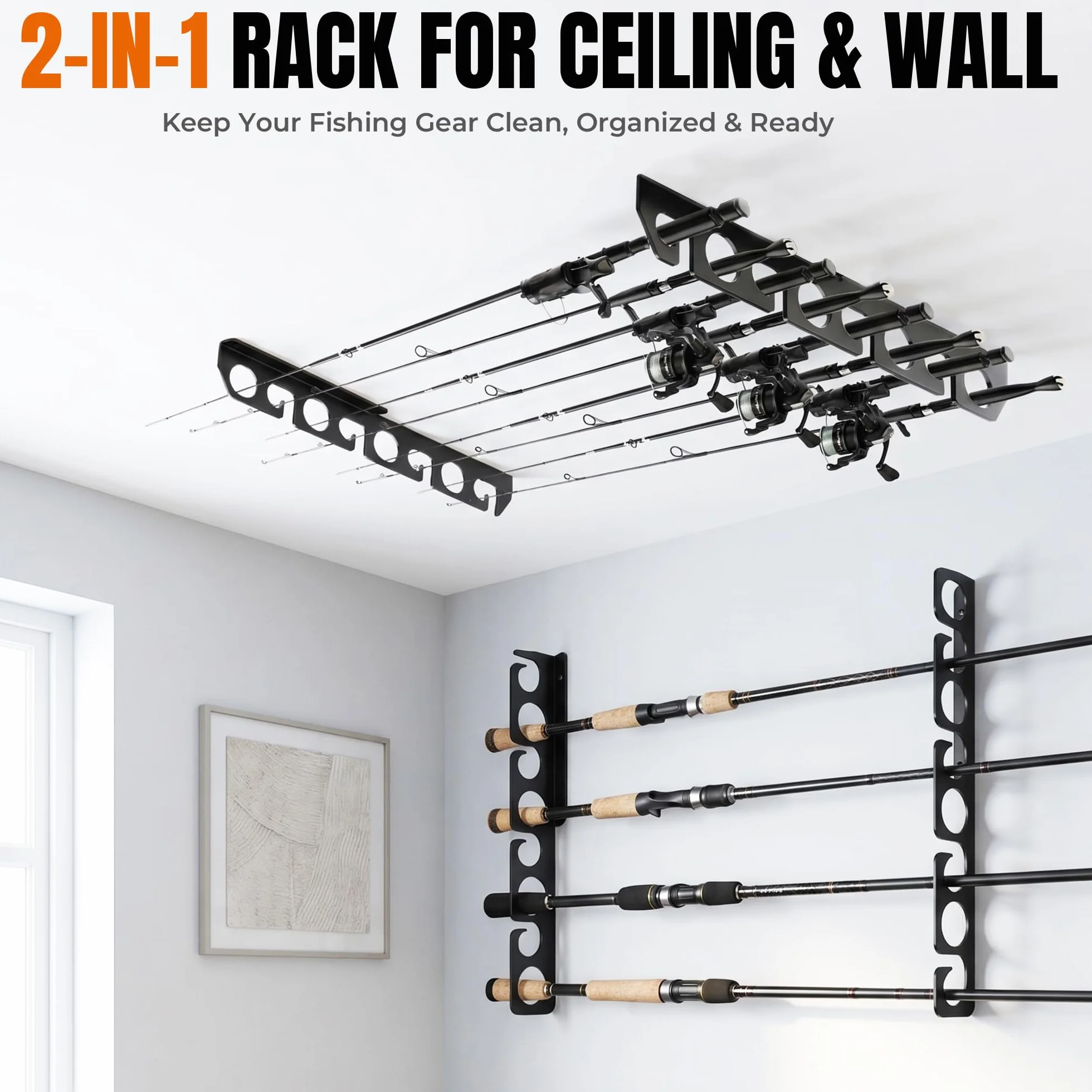 Support de rangement pour canne à pêche - Support mural ou plafond en métal - Peut contenir jusqu'à 16 cannes verticale/horizontale pour garage, cabine et sous-sol