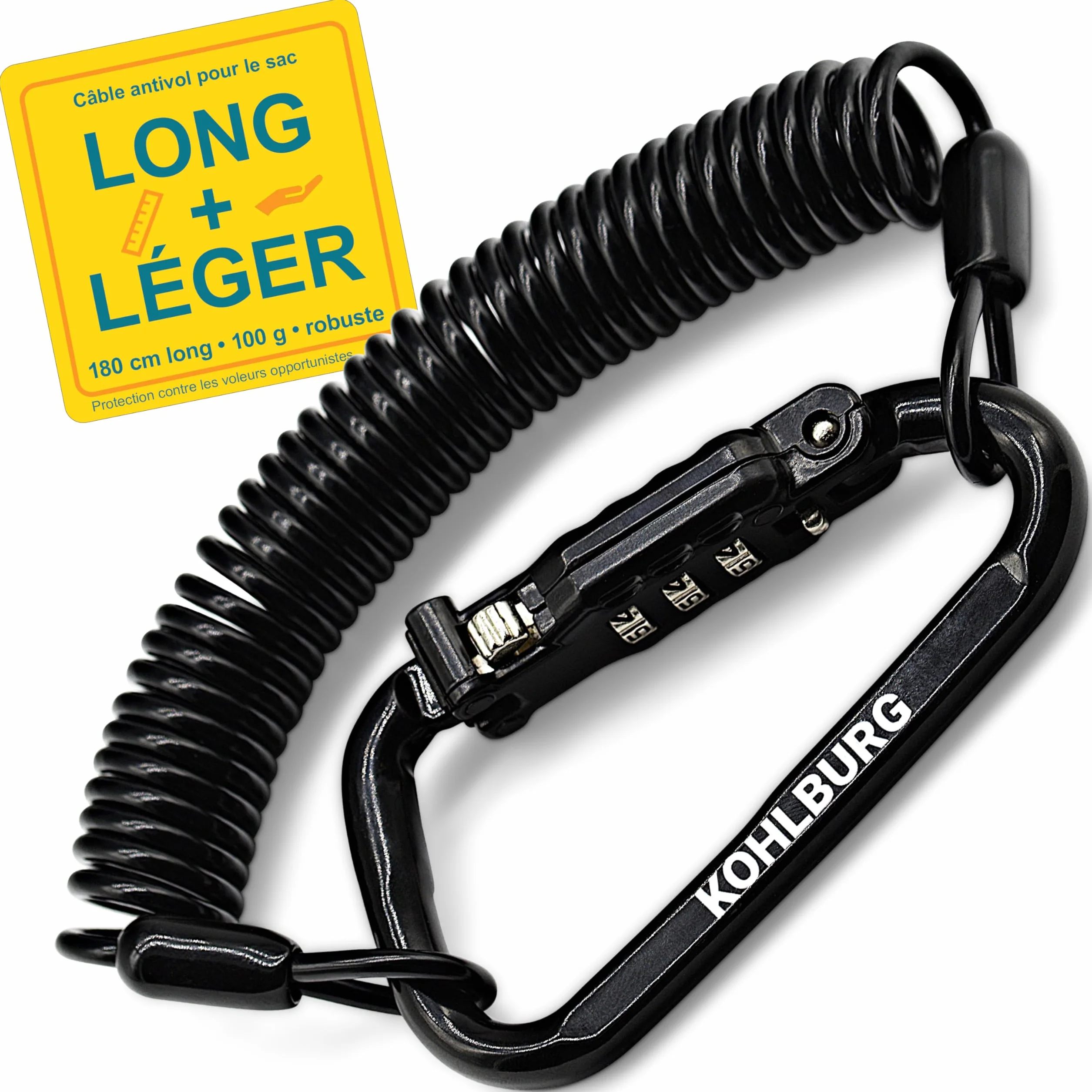 KOHLBURG Cable antivol 180 cm flexible solide cadenas code 3 mm pour poussette casque snowboard ski vélo
