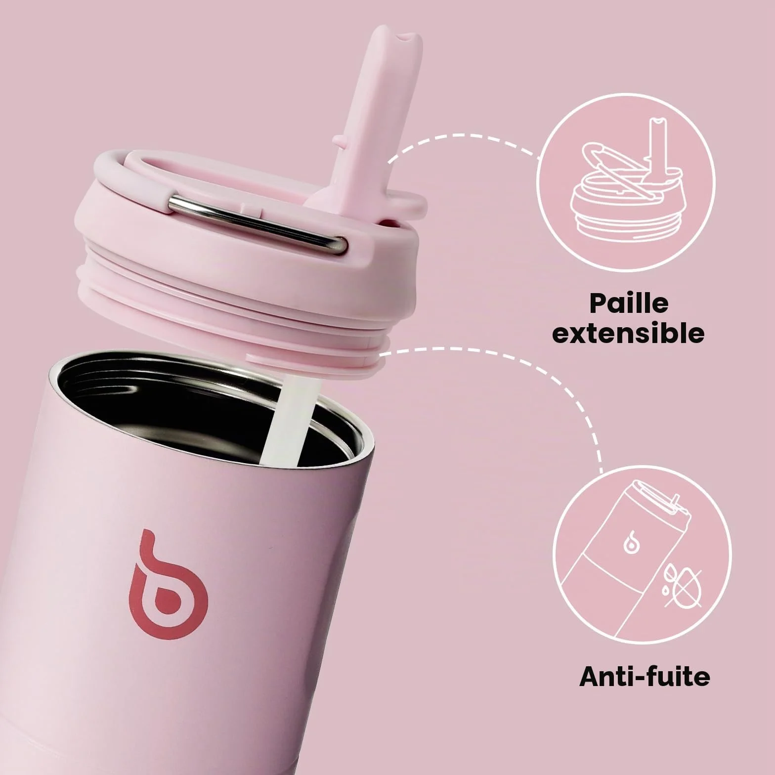 BOTTLE BOTTLE Gourde isotherme avec couvercle à paille et poignée, en acier inoxydable à double paroi sous vide, anti-fuite, sans BPA, pour sport, voyage, salle de sport - Rose clair, 710 ml