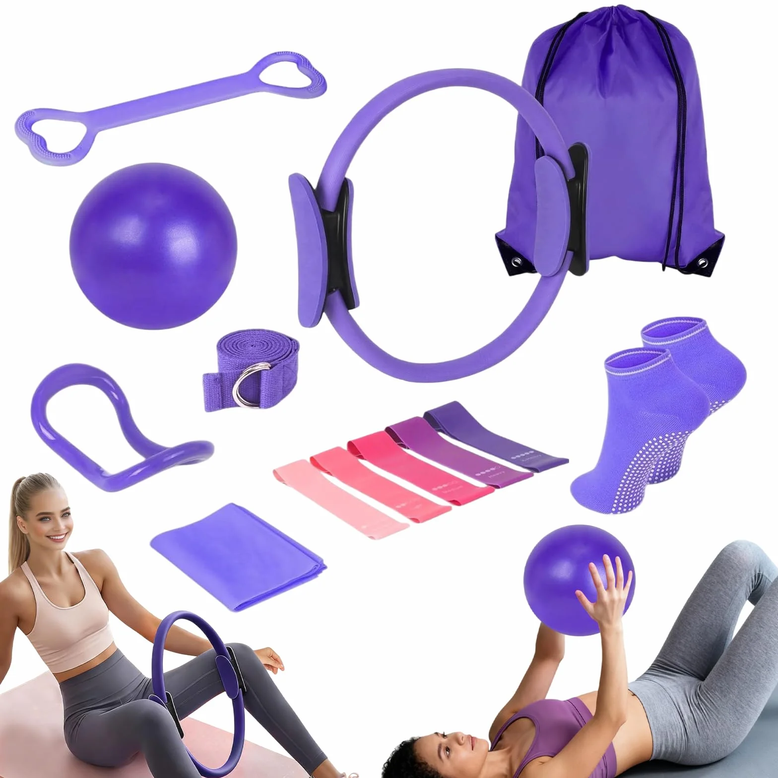 Kit de Pilates 13 Pièces, Ensemble d'Anneau de Pilates, Kit Essentiel de Pilates avec Ballon de Yoga, Anneau de Pilates, Bande de Résistance, Ceinture de Yoga, Chaussettes de Pilates, Ensemble de