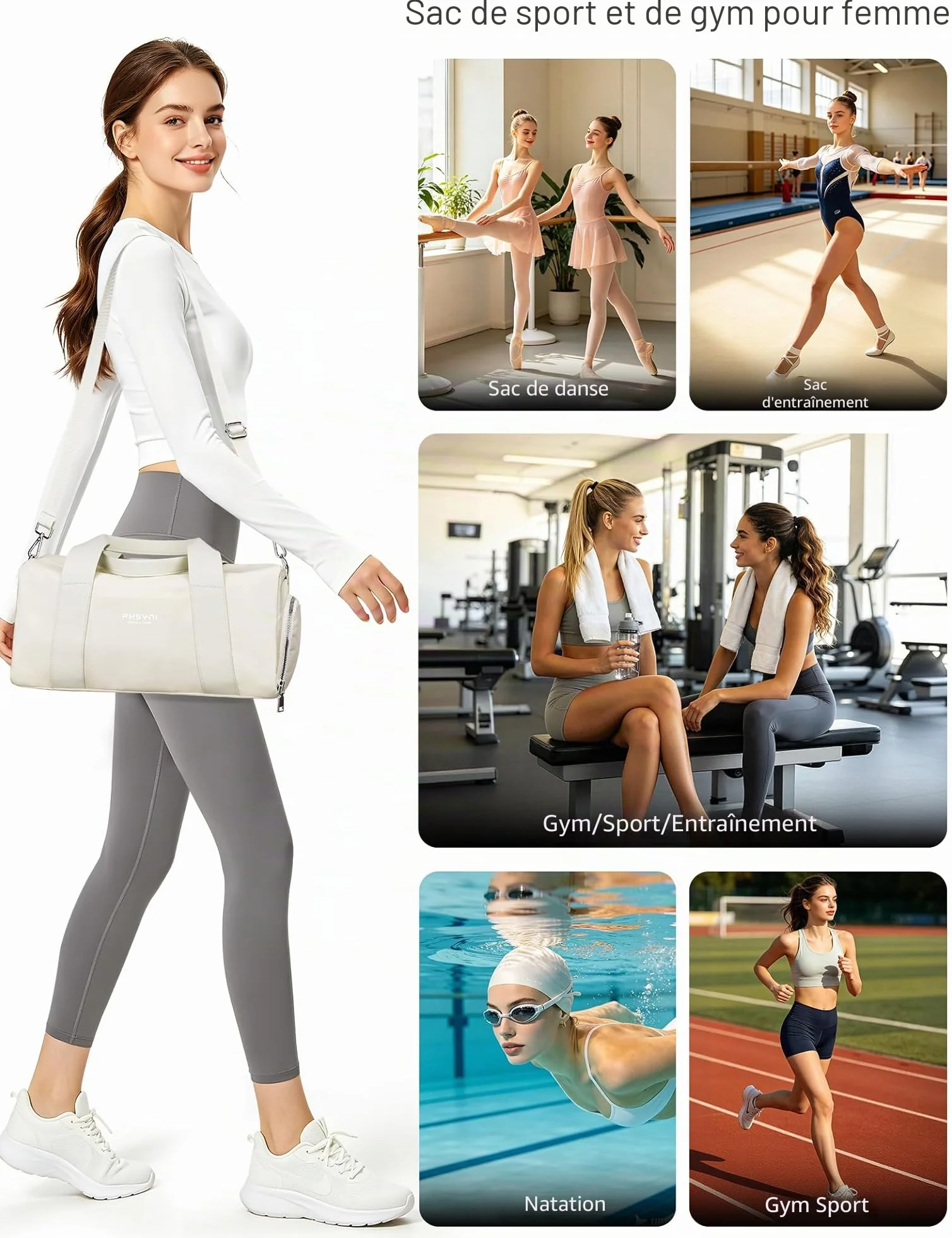 Sac de Sport et Voyage 16 Pouces avec Compartiment Chaussures Poche Imperméable Femmes Enfants Beige 40x19x20 cm 15L