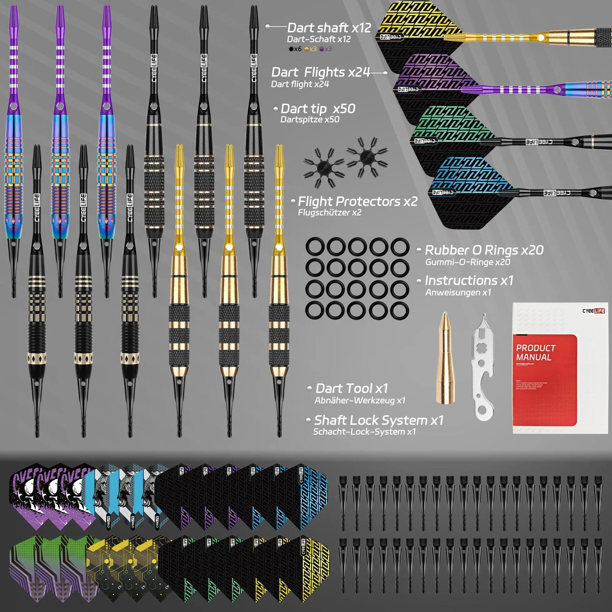 CyeeLife Fléchettes de Dart avec pointe en plastique, 12 pièces Set Premium Softdarts - Barils en laiton avec 4 designs