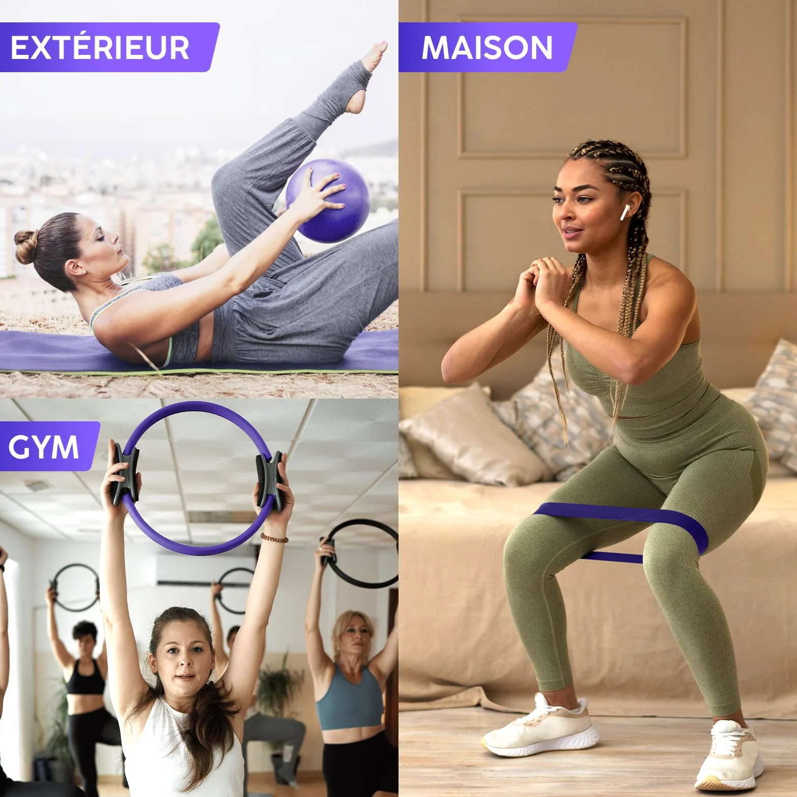 Kit Pilates Maison – Cercle Pilates Accessoires avec Mini Ballon, 4 Bandes de Résistance, Poster & Sac – Équipement pour Renforcement Musculaire, Gainage & Yoga à Domicile