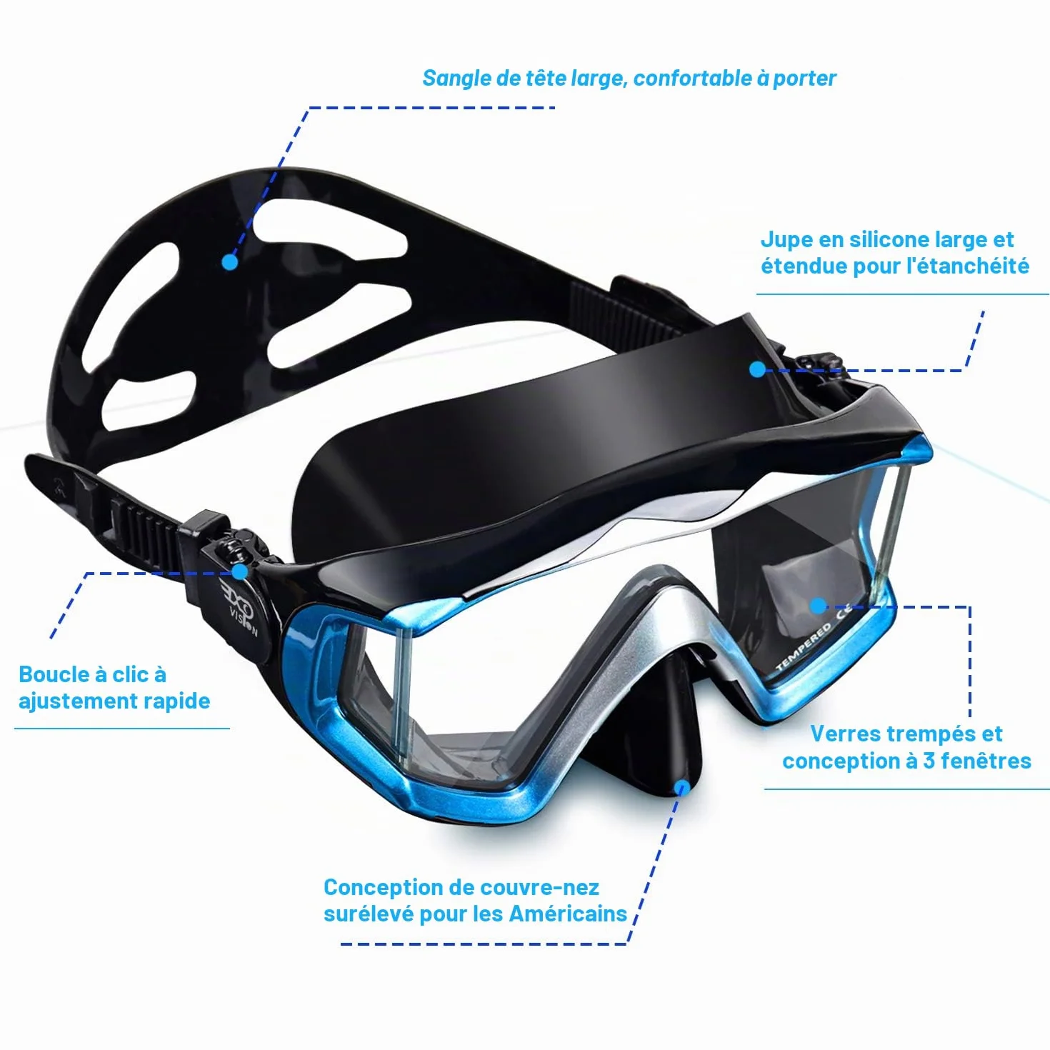 Masque de plongée Pano 3 Adulte - Masque de plongée en Verre trempé - Lunettes de plongée Anti-buée Lunettes de Natation avec Couvre-Nez pour la plongée en apnée, la plongée en apnée, la Natation