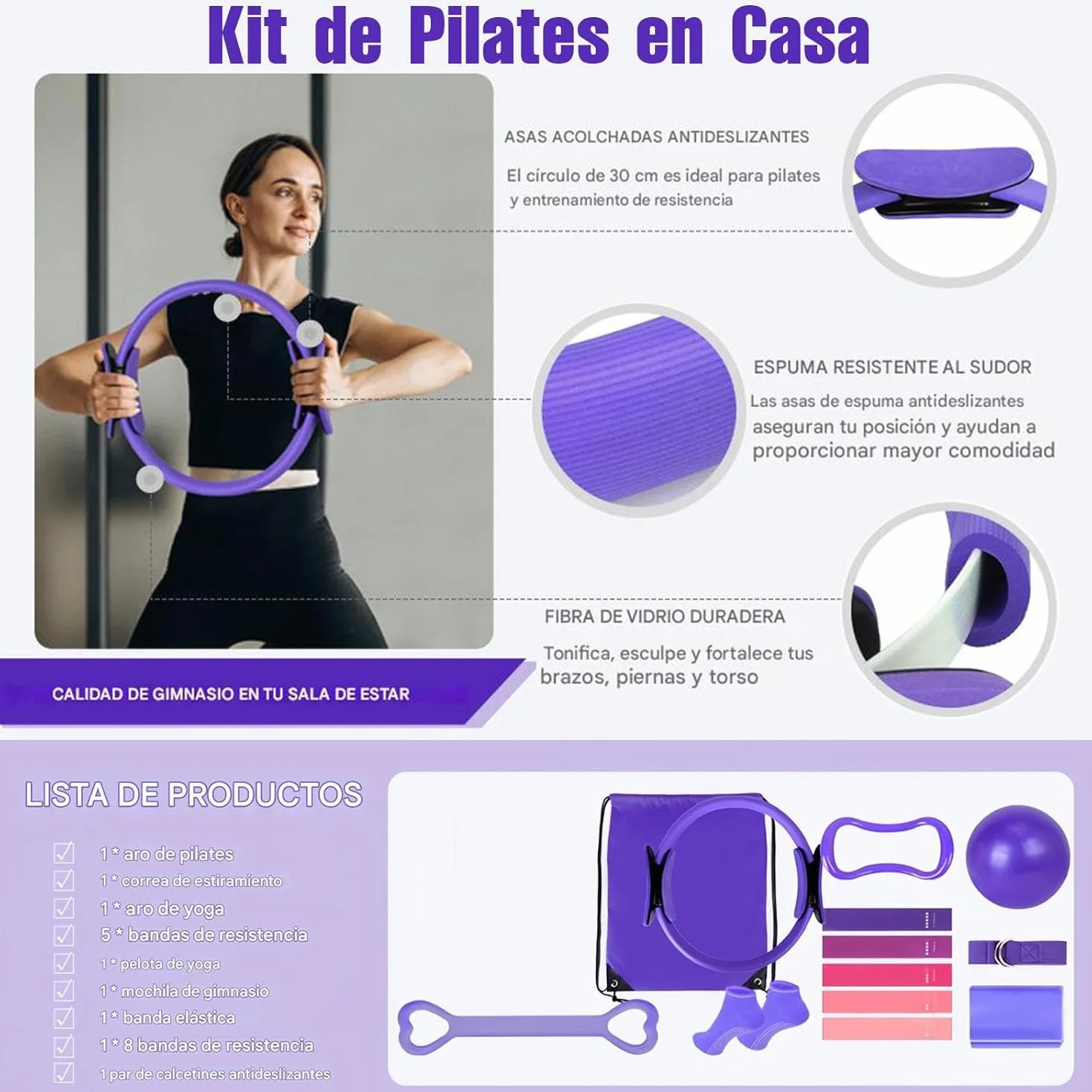 Kit de Pilates Essentiel pour Entraînement à Domicile – Équipement de Fitness Portable avec Cercle Pilates, Bandes de Résistance Longues, Balle Souple et Chaussettes Antidérapantes