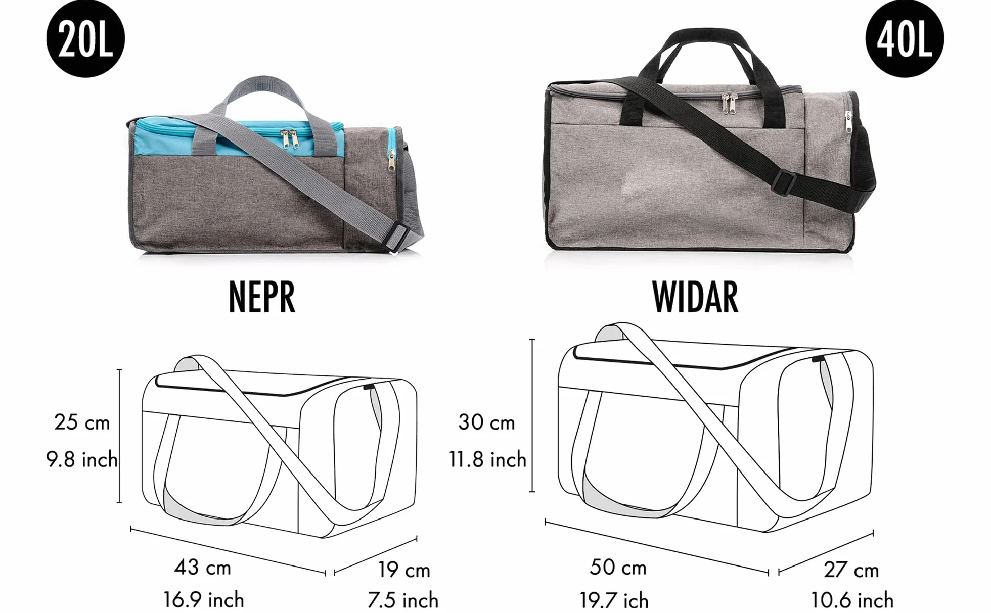 Sac de Sport 20 L 40 L Grande capacité Gym Fitness Piscine Voyage Poche latérale Double Zip bandoulière Torbes Meteor Cabine Ryanair EasyJet