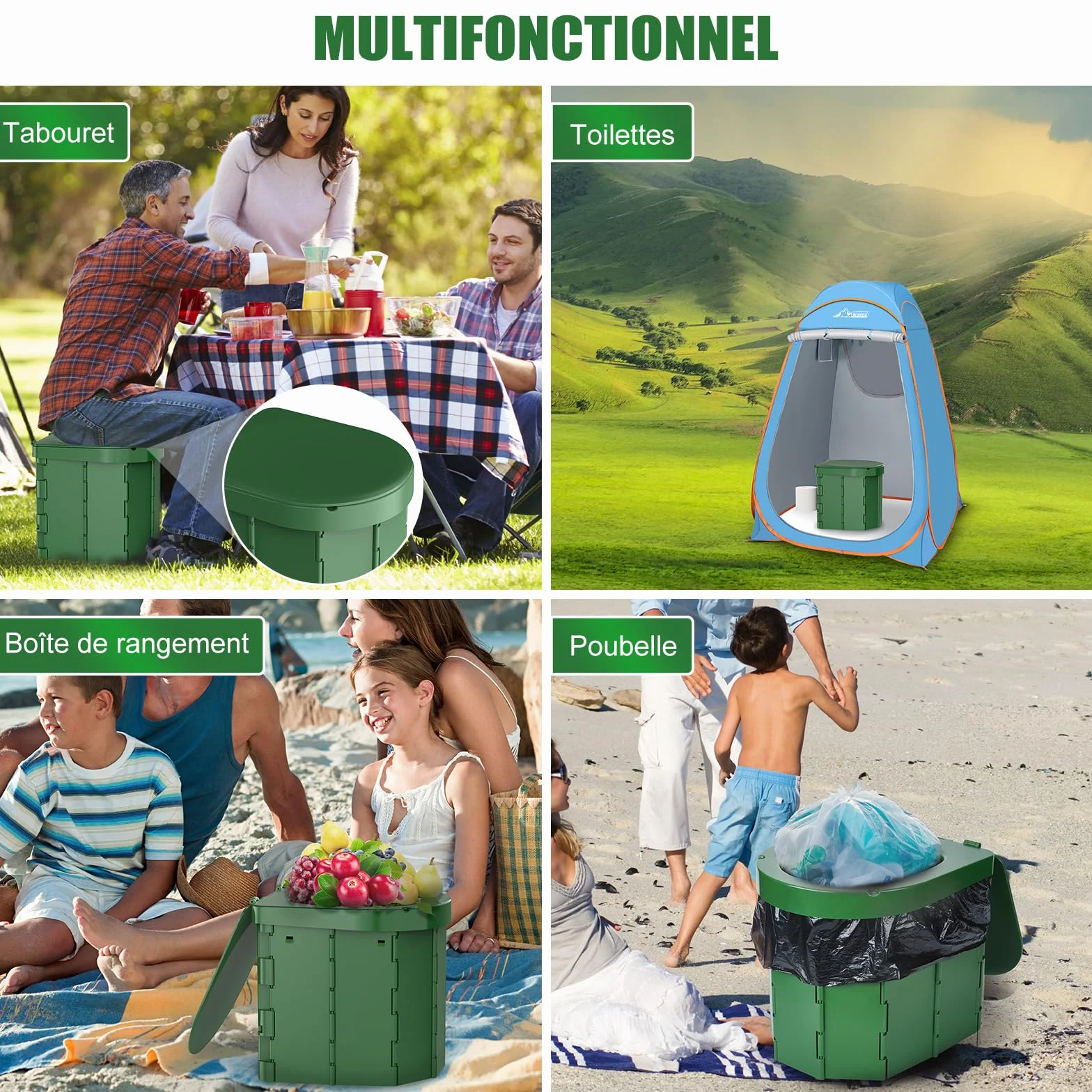 WADEO Toilettes de Camping Portables, Toilettes Pliantes pour Adultes, Toilettes de Camping Mobile avec Couvercle et Porte-Papier Toilette, pour Camping, Voyages, Embouteillages (Vert Foncé)