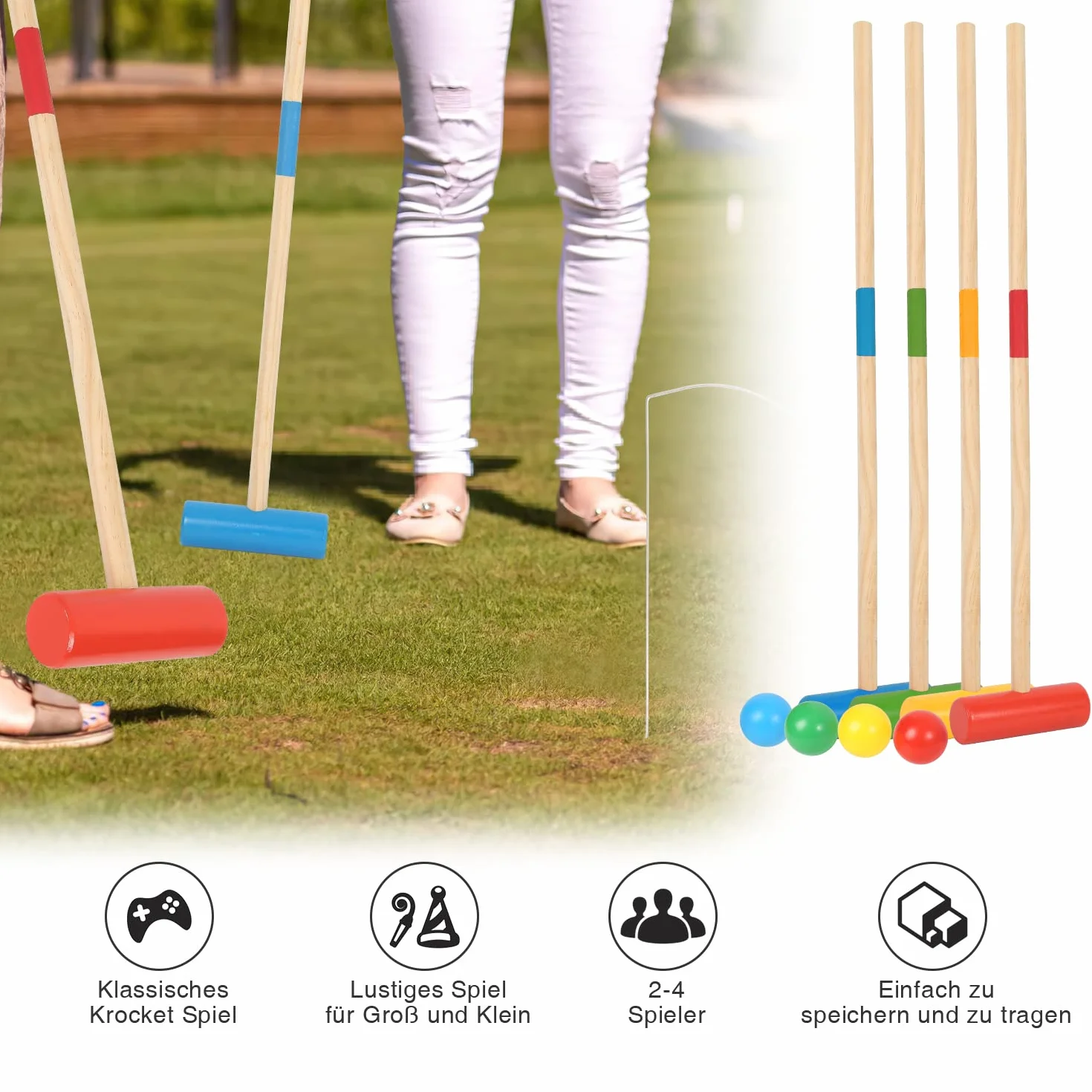 Jeu de Croquet Ensemble 2-4 Joueurs Jouets en Bois Enfants Adultes Jardin Plein air