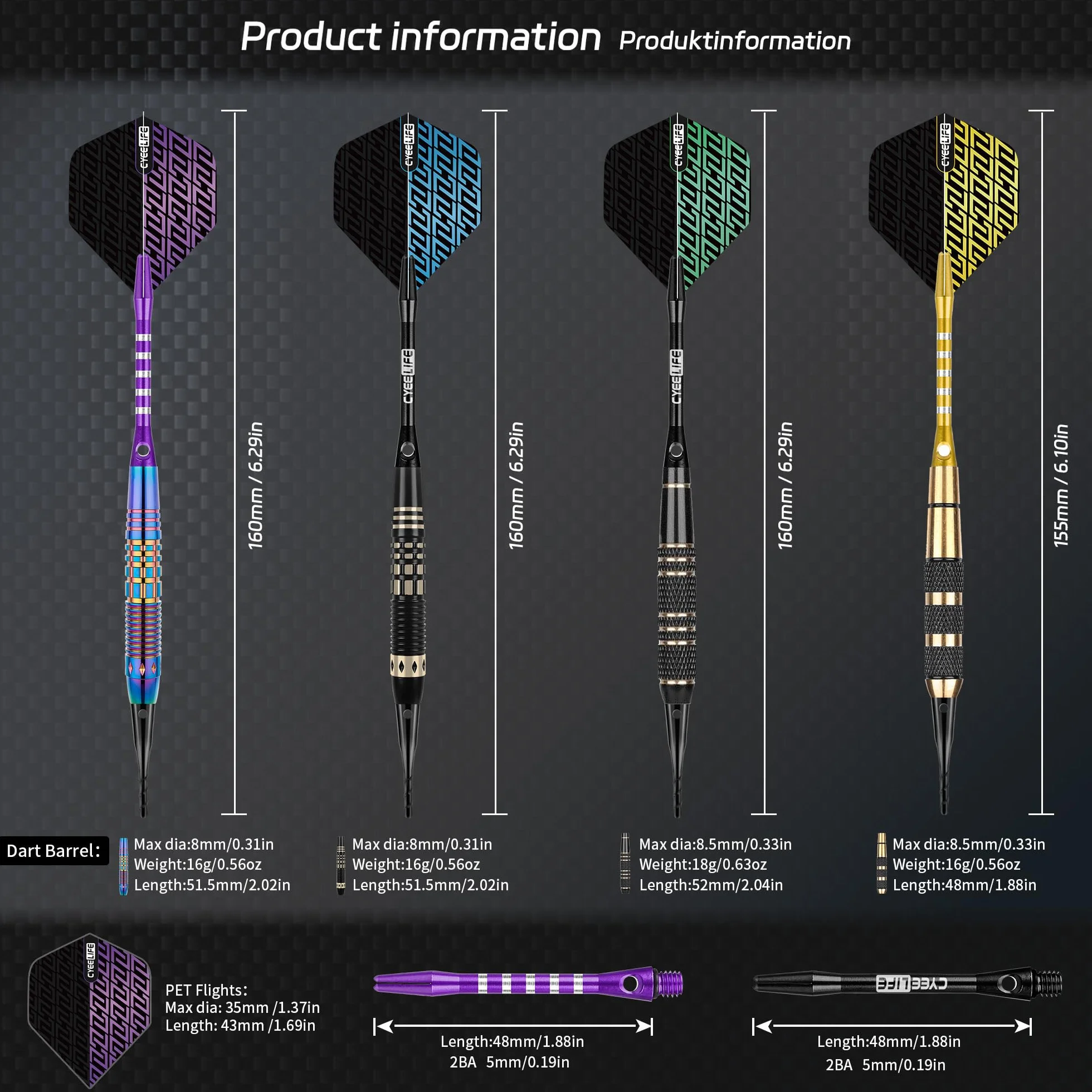 CyeeLife Fléchettes de Dart avec pointe en plastique, 12 pièces Set Premium Softdarts - Barils en laiton avec 4 designs
