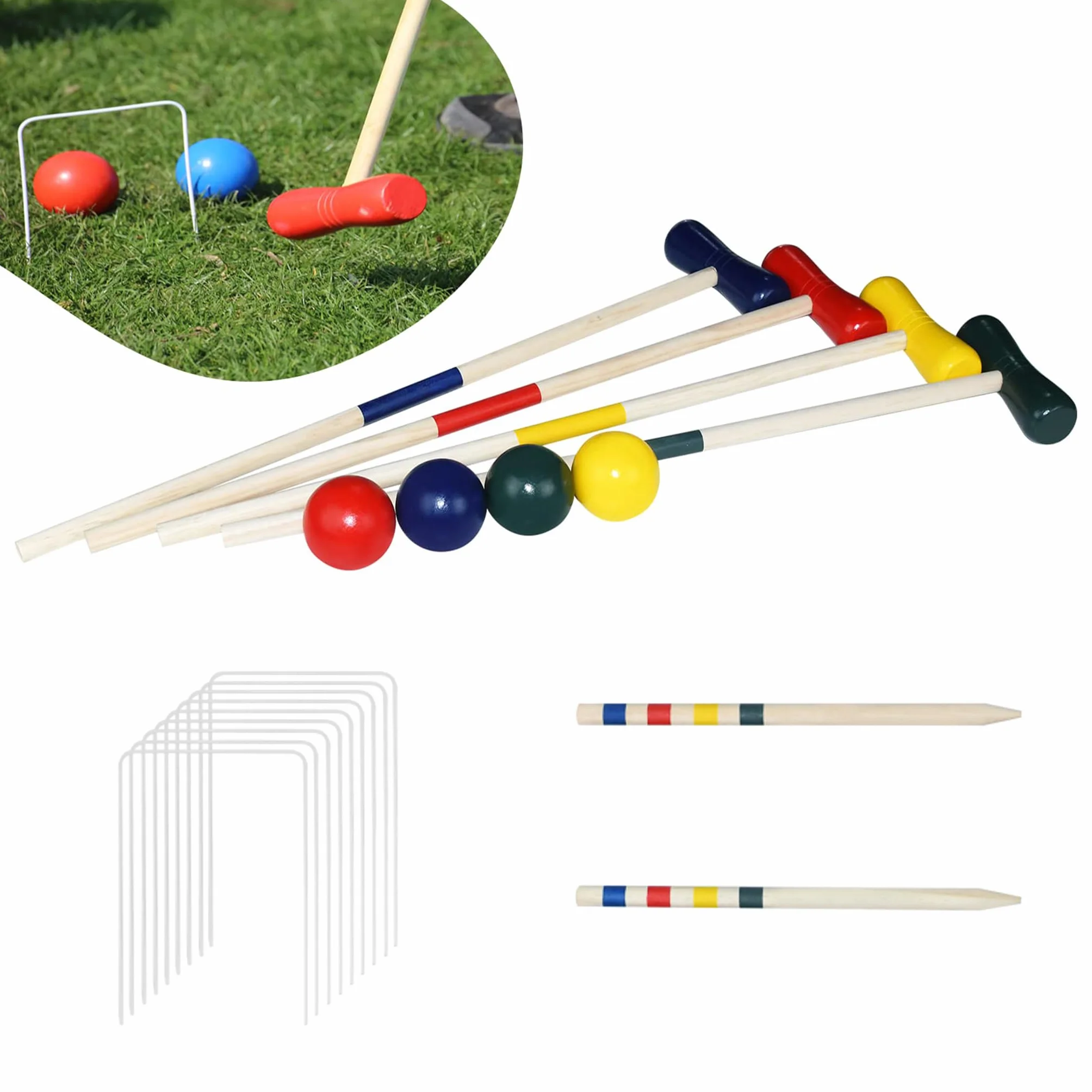 YRHome Ensemble de croquet de plein air en bois pour 4 joueurs - Jeu traditionnel avec piquets, cibles et balles