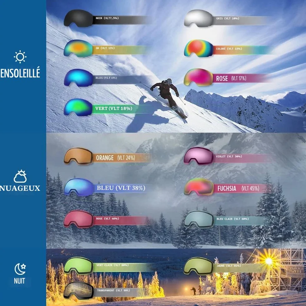 OutdoorMaster Masque de Ski OTG - Anti-Buée Lunettes de Ski, Anti-poussière Coupe-Vent 100% protection UV400 Masques de Snowboard pour Hommes & Femme,Garçons et Filles