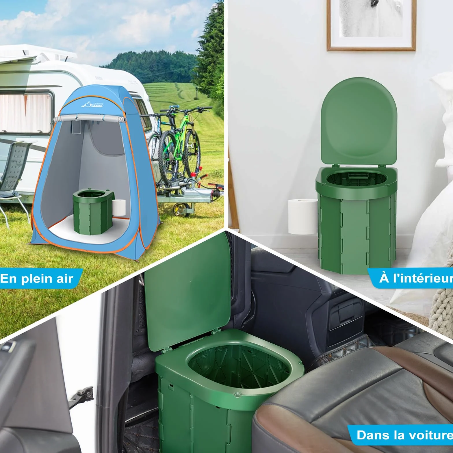 WADEO Toilettes de Camping Portables, Toilettes Pliantes pour Adultes, Toilettes de Camping Mobile avec Couvercle et Porte-Papier Toilette, pour Camping, Voyages, Embouteillages (Vert Foncé)
