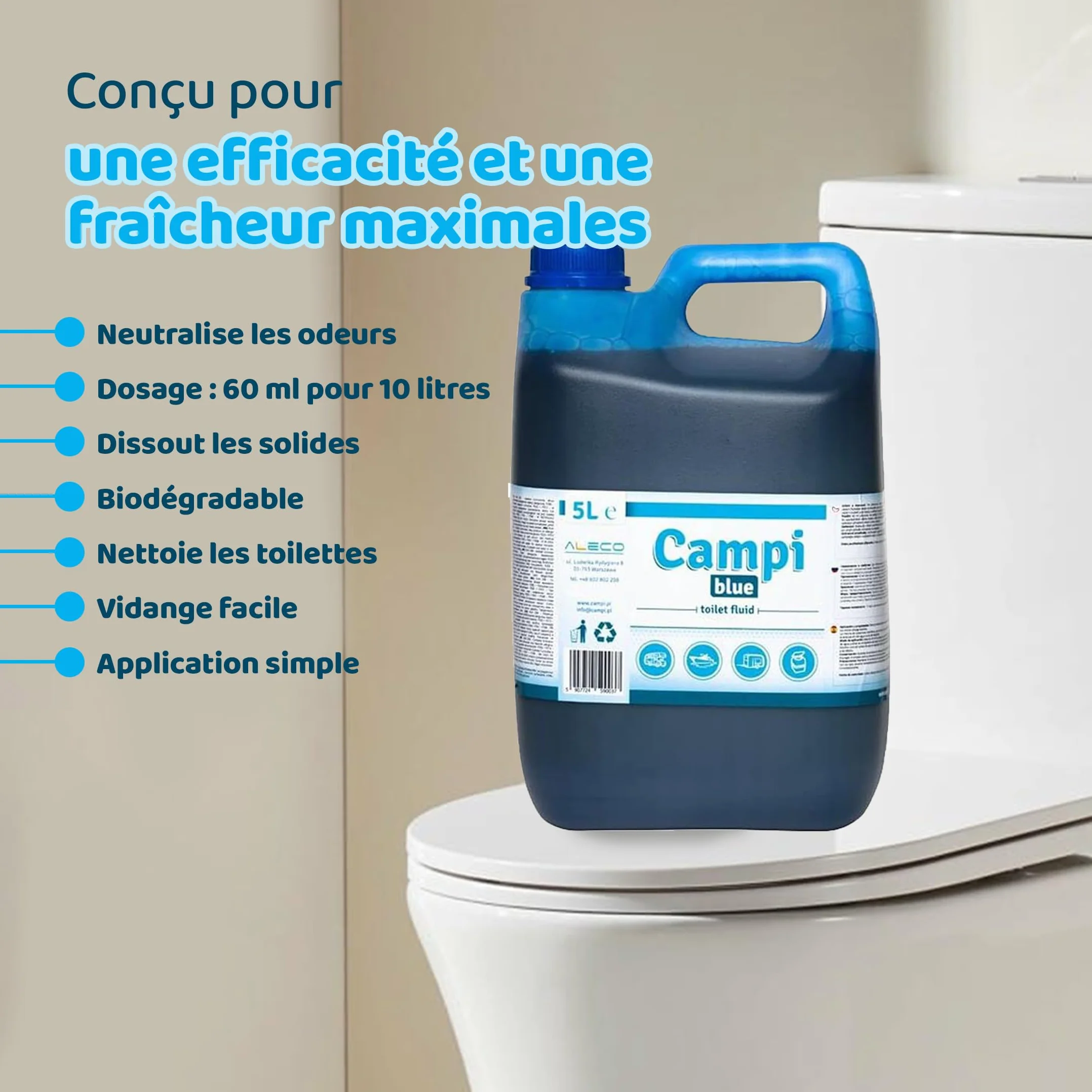 CAMPI Blue 5L – Liquide sanitaire & additif pour toilettes de camping – Produit chimique WC pour toilettes – Pour réservoir d’eaux usées de caravane et camping-car