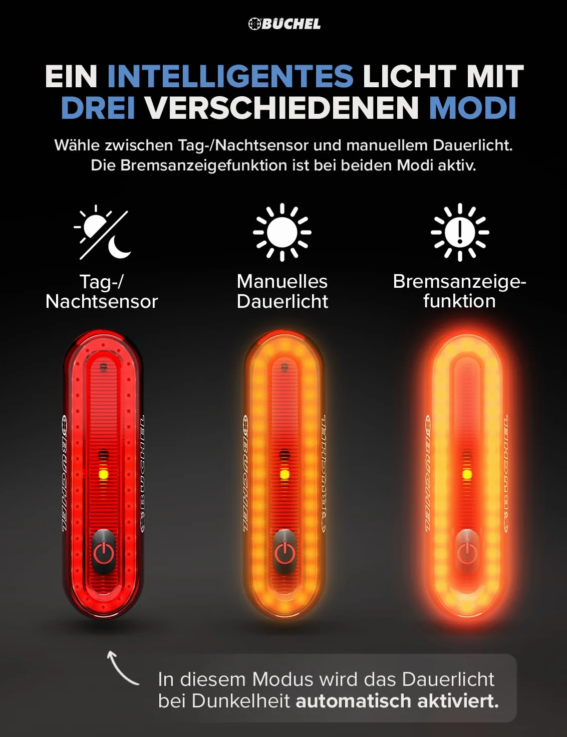 Büchel Feu arrière de vélo LED I Rechargeable I Homologué StVZO I Feu arrière de vélo Ebike Feu arrière LED