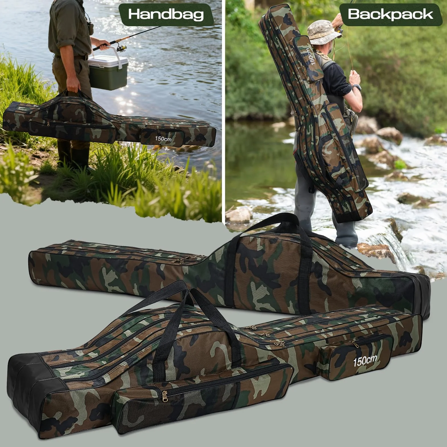 Sac de Pêche Portable avec 3 Couches, 150cm Pliable Sac de Transport Canne à Pêche Grande Capacité Étanche Fourreau Canne à Pêche Portatif Sac de Canne à Pêche avec Sangle Réglable