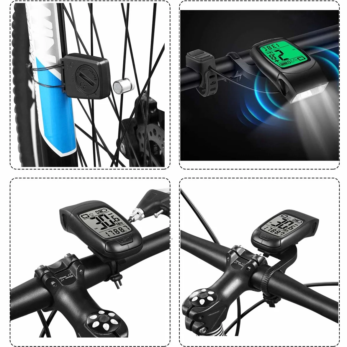 Compteur Velo sans Fil IPX5, Sonnette Rechargeable 4 Modes, Ensemble 3 en 1